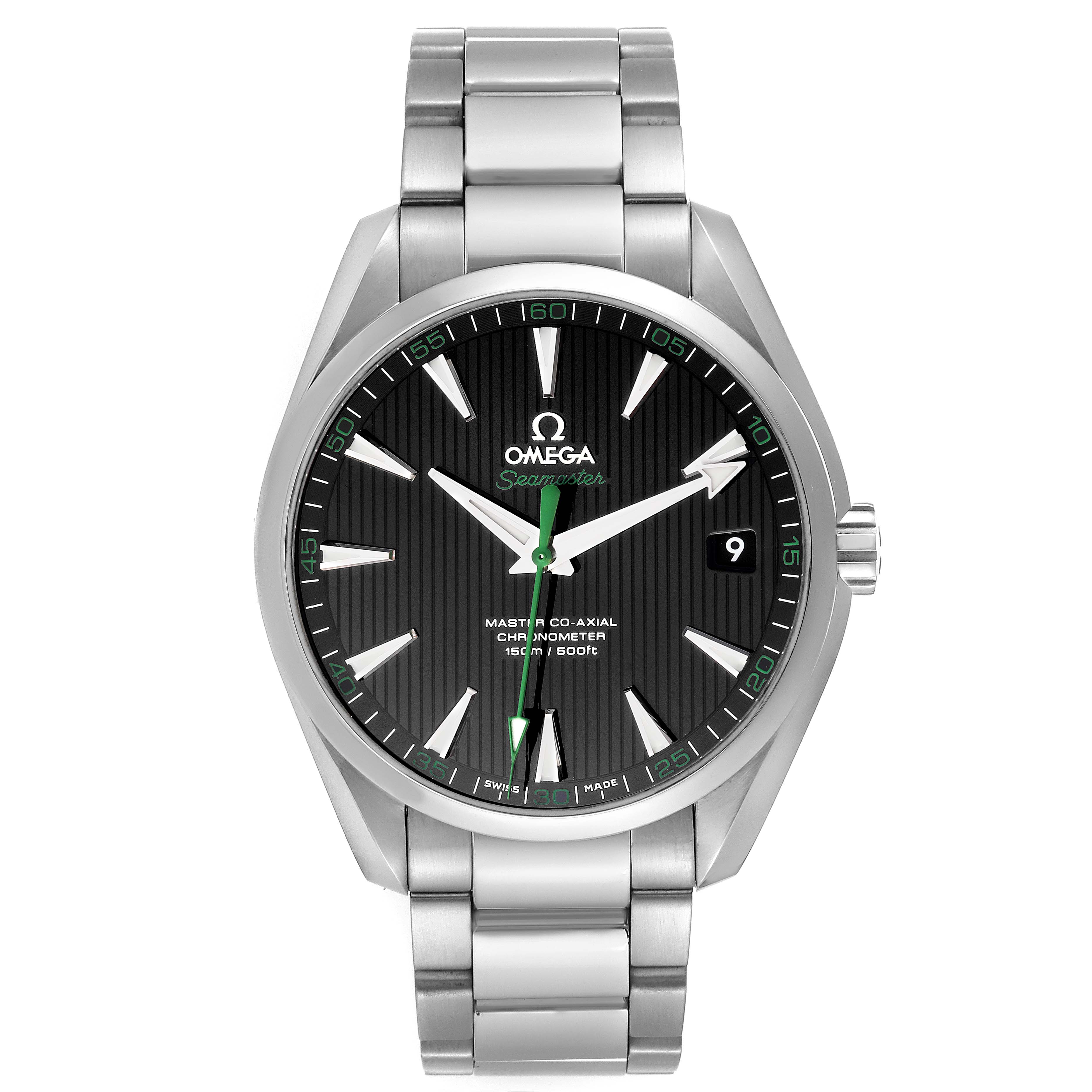 The Omega Aqua Terra 231.10.42.21.01.004 Men's Stainless Steel Black Dial 231.10.42.21.01.004 Men's Stainless Steel Black Dial watch is shown from a front angle, featuring its dial, hands, case, and bracelet.