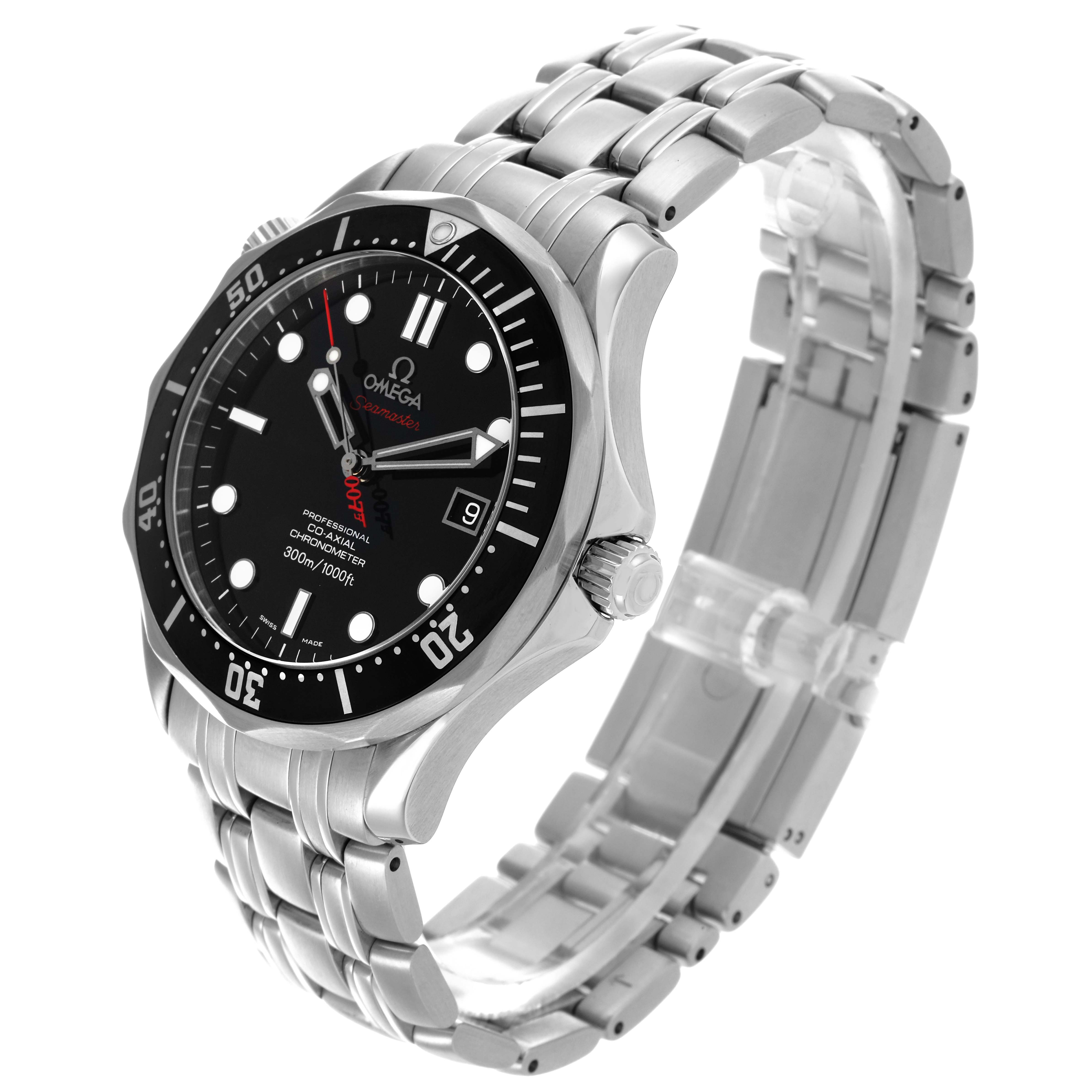 The Omega Seamaster 212.30.41.20.01.001 Men's Stainless Steel Black Dial 212.30.41.20.01.001 Men's Stainless Steel Black Dial watch is shown at a three-quarter angle, highlighting the bezel, dial, bracelet, and crown.