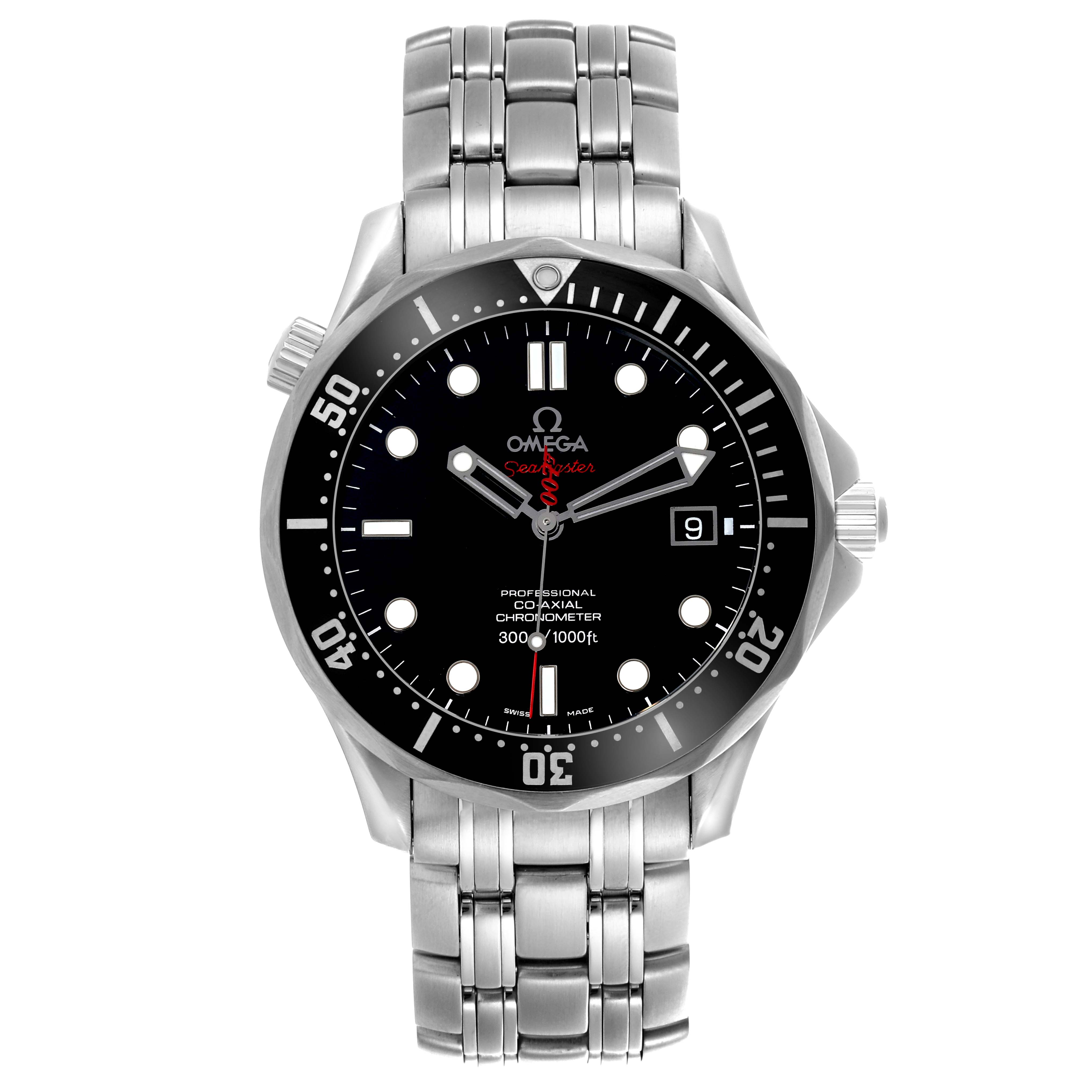 The Omega Seamaster 212.30.41.20.01.001 Men's Stainless Steel Black Dial 212.30.41.20.01.001 Men's Stainless Steel Black Dial watch is shown from the front, displaying the dial, bezel, and stainless steel bracelet.