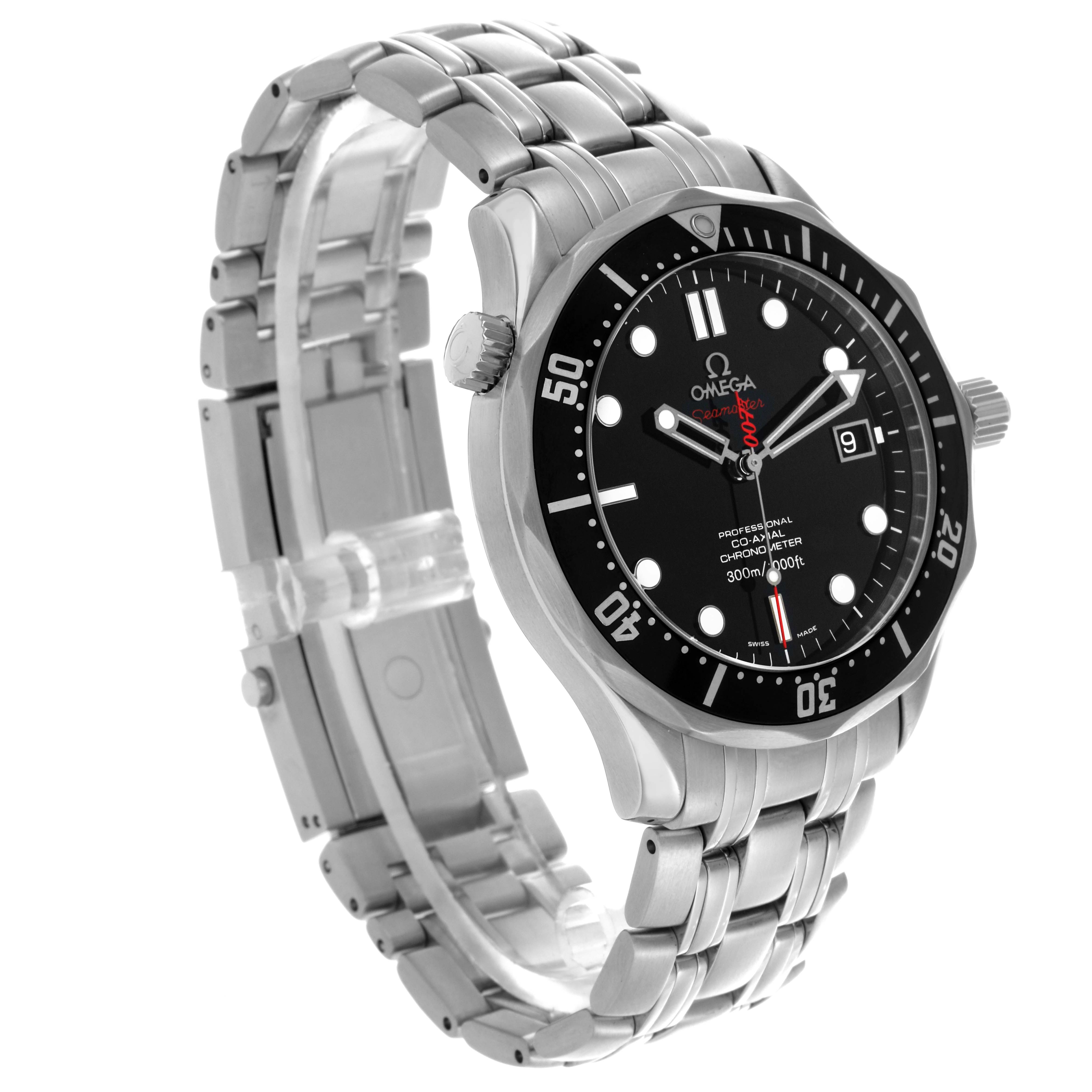 The image shows the Omega Seamaster 212.30.41.20.01.001 Men's Stainless Steel Black Dial 212.30.41.20.01.001 Men's Stainless Steel Black Dial watch at a three-quarter angle, highlighting the face, bezel, crown, and bracelet.