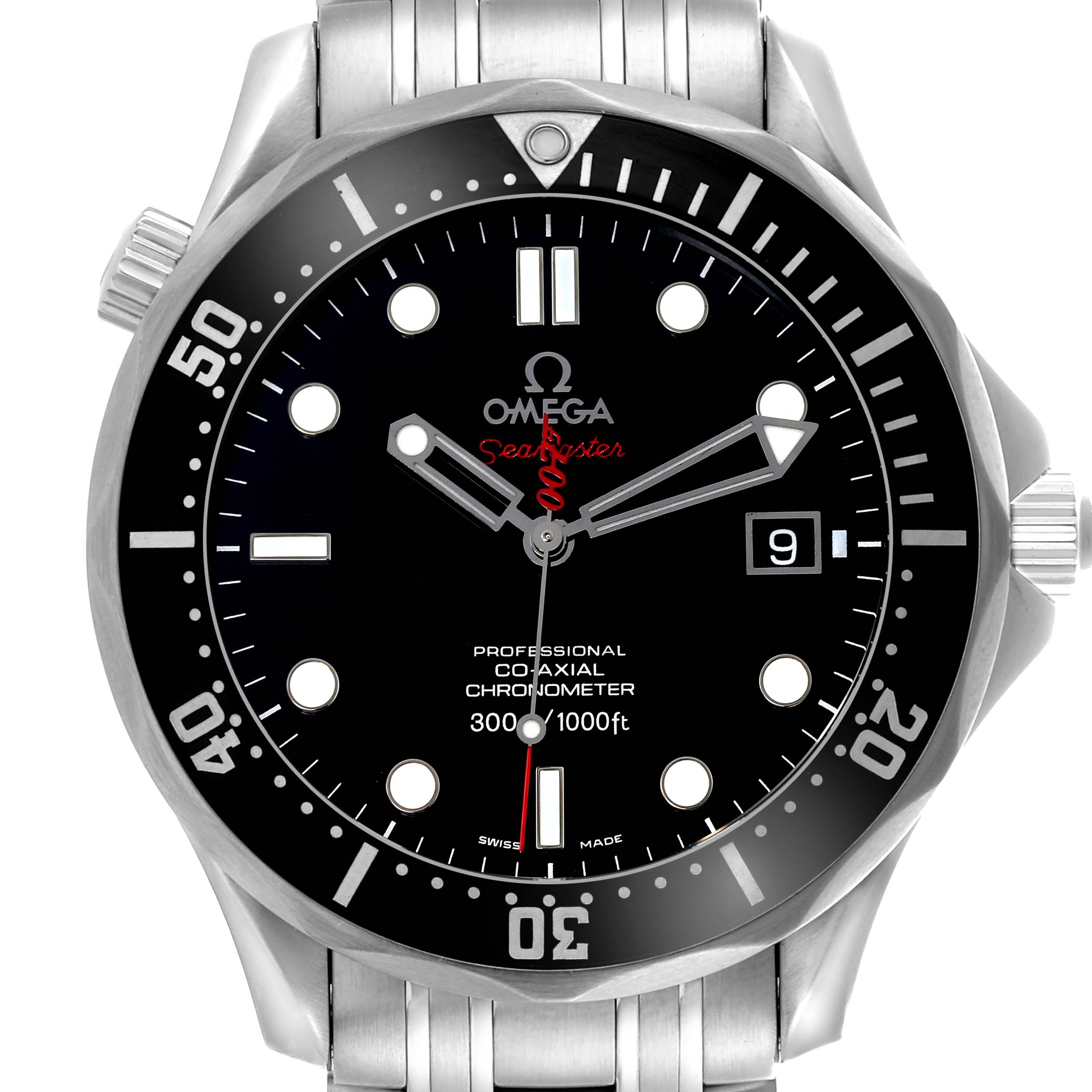 The Omega Seamaster 212.30.41.20.01.001 Men's Stainless Steel Black Dial 212.30.41.20.01.001 Men's Stainless Steel Black Dial watch is shown from a front angle, highlighting the bezel, dial, hands, and date window.