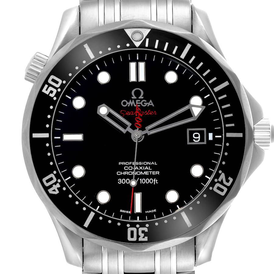 The Omega Seamaster watch is shown from a front angle, highlighting the bezel, dial, hands, and date window.