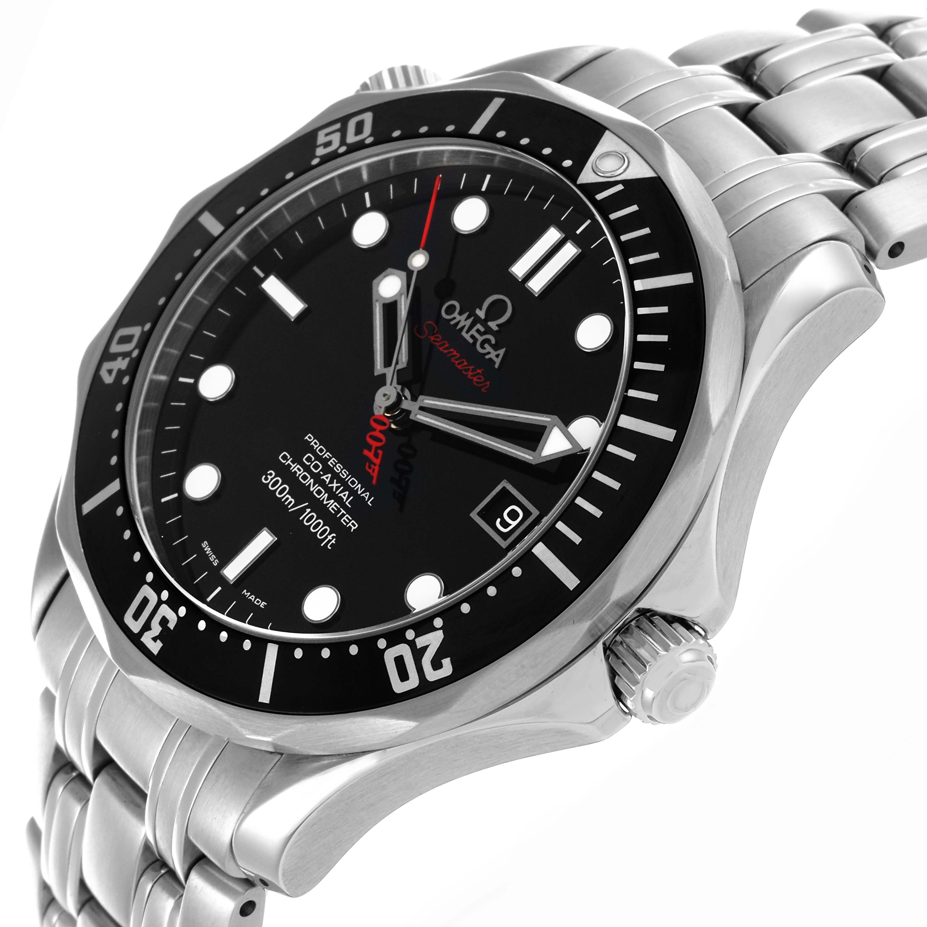 The Omega Seamaster 212.30.41.20.01.001 Men's Stainless Steel Black Dial 212.30.41.20.01.001 Men's Stainless Steel Black Dial is shown at a three-quarter angle, displaying the face, bezel, crown, and metal bracelet.