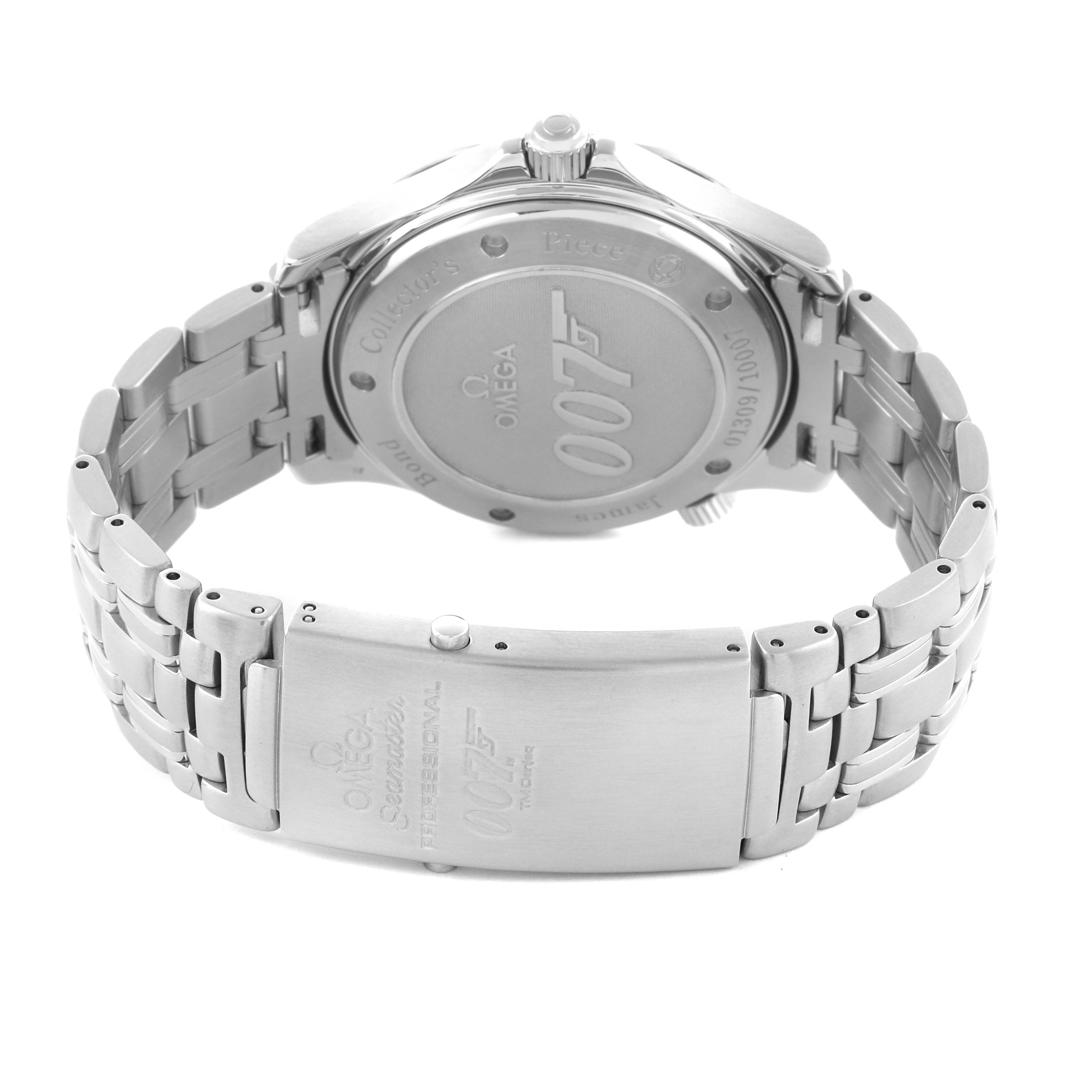 This image shows the back case and clasp of an Omega Seamaster 212.30.41.20.01.001 Men's Stainless Steel Black Dial 212.30.41.20.01.001 Men's Stainless Steel Black Dial watch, featuring the 007 logo.