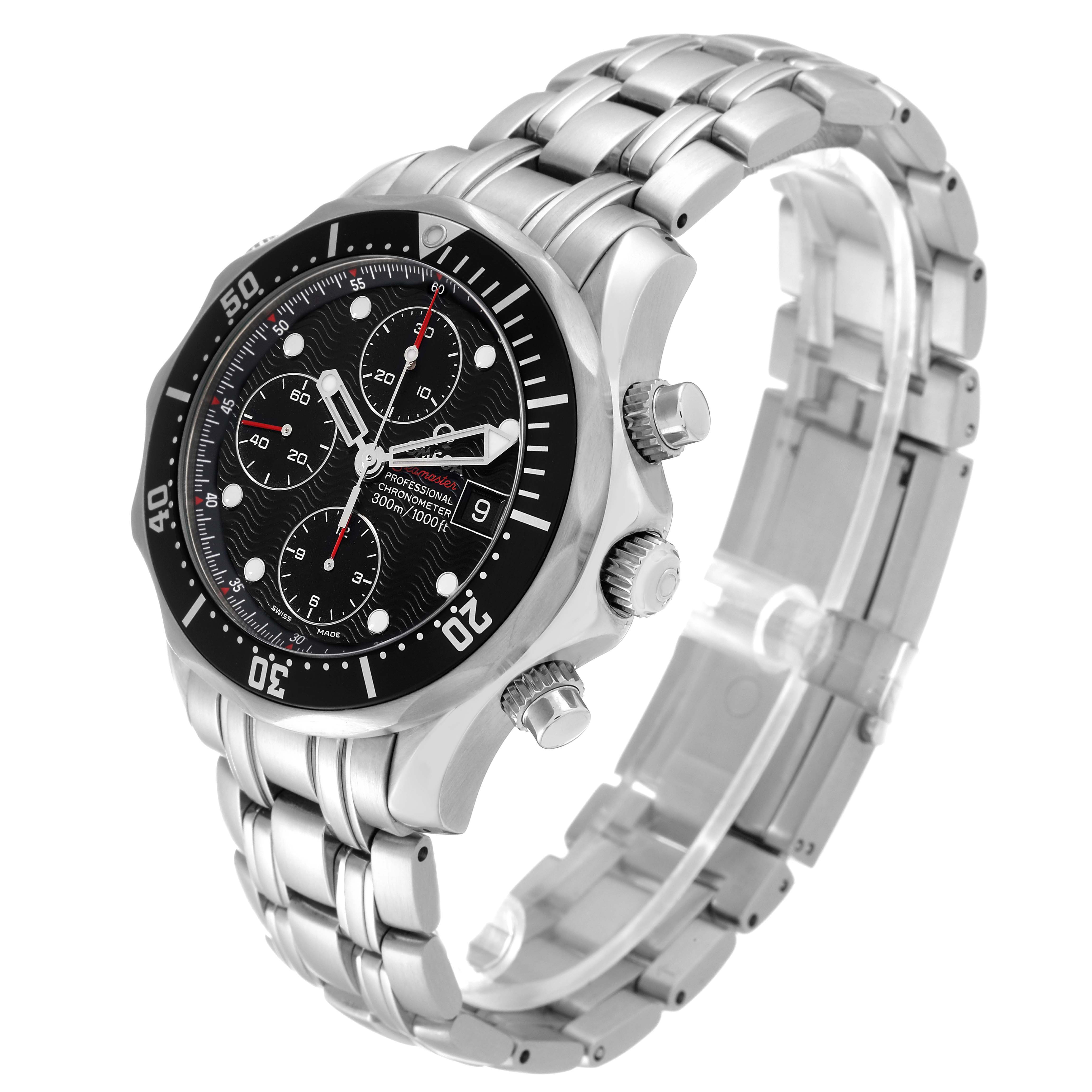The Omega Seamaster 213.30.42.40.01.001 Men
s Stainless Steel Black Dial 213.30.42.40.01.001 Men
s Stainless Steel Black Dial watch is shown at a three-quarter angle, highlighting the dial, bezel, pushers, and stainless steel bracelet.