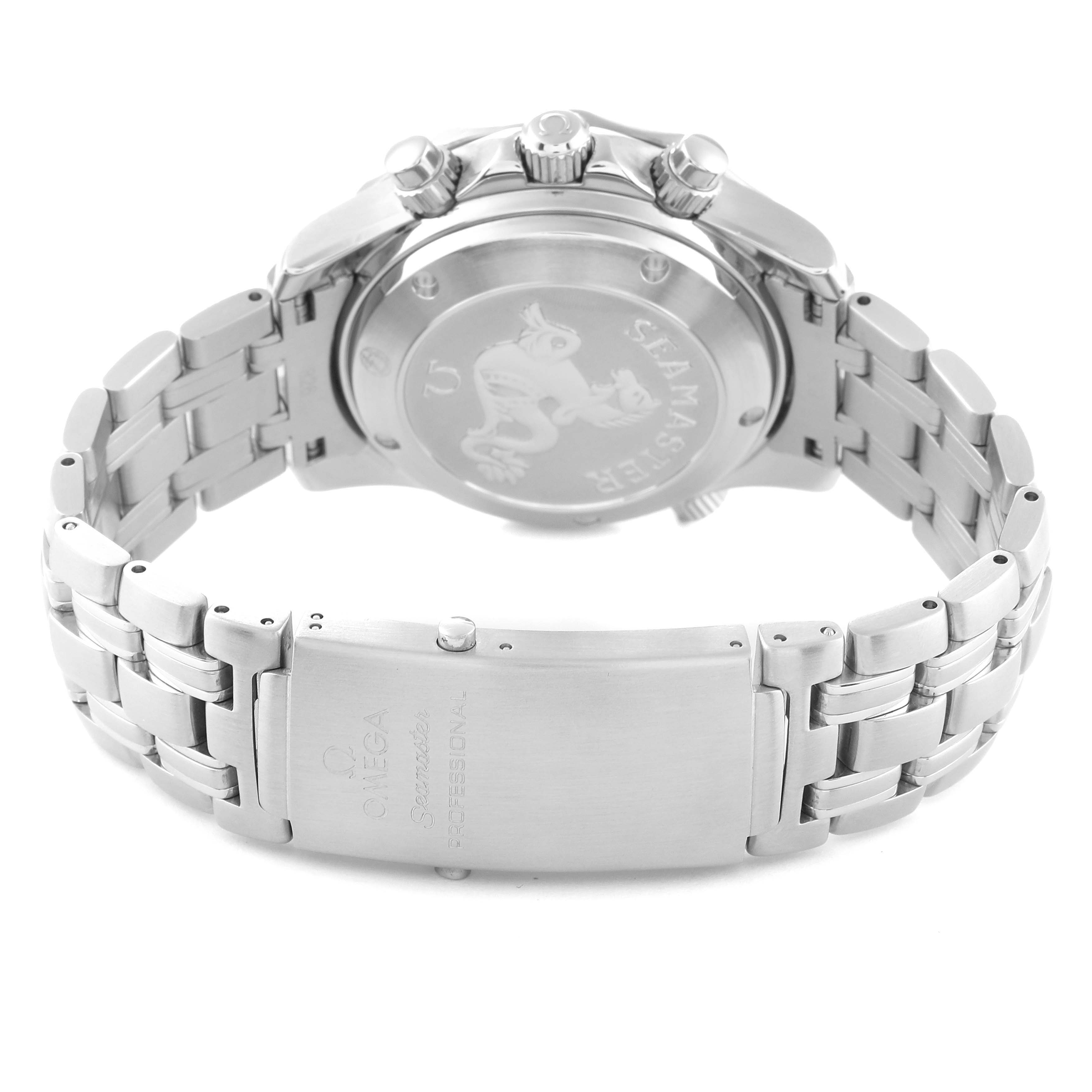 The image shows the back view of an Omega Seamaster 213.30.42.40.01.001 Men
s Stainless Steel Black Dial 213.30.42.40.01.001 Men
s Stainless Steel Black Dial watch, including the case back, bracelet, and clasp.