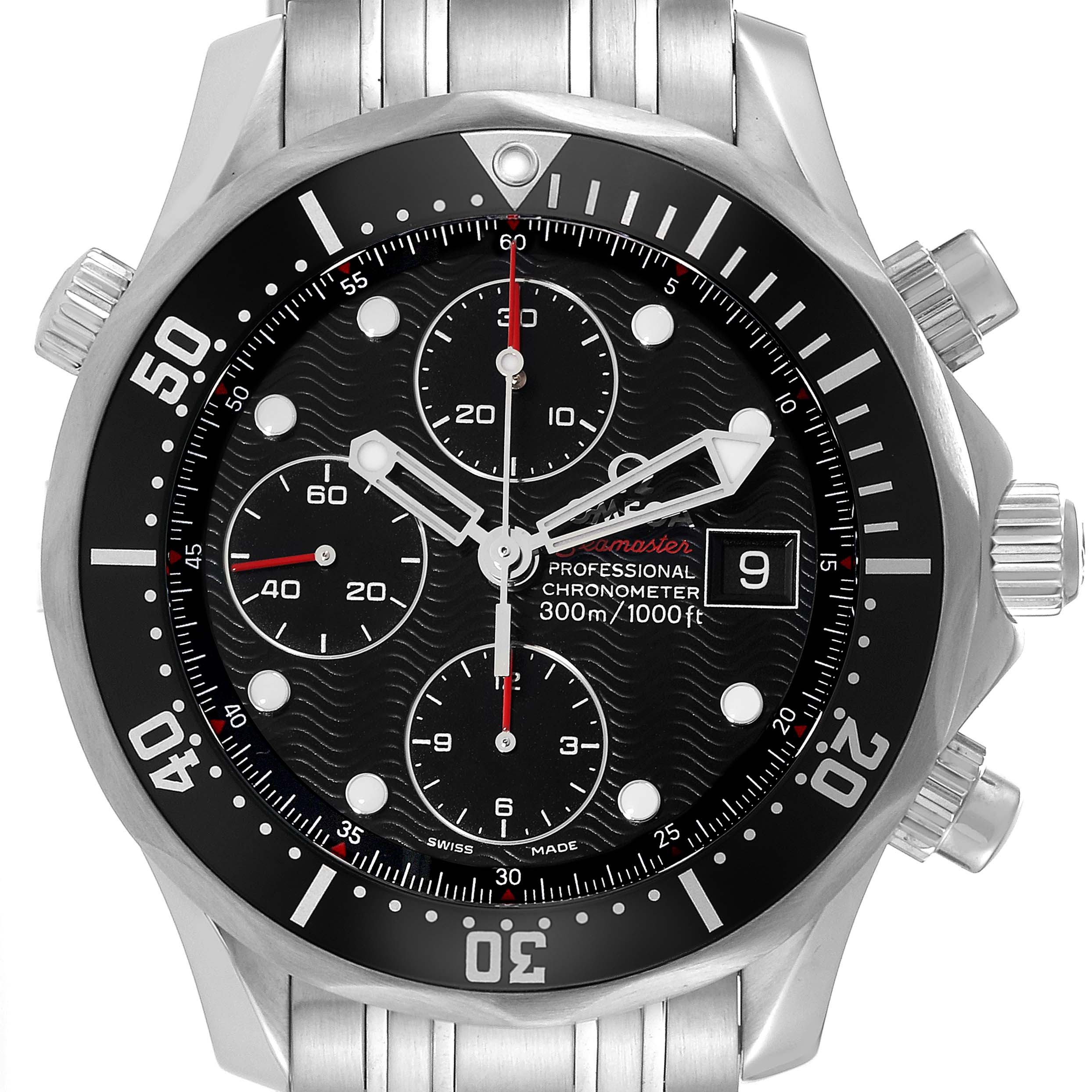 This image shows a front view of the Omega Seamaster 213.30.42.40.01.001 Men
s Stainless Steel Black Dial 213.30.42.40.01.001 Men
s Stainless Steel Black Dial watch, highlighting the dial, bezel, and pushers.