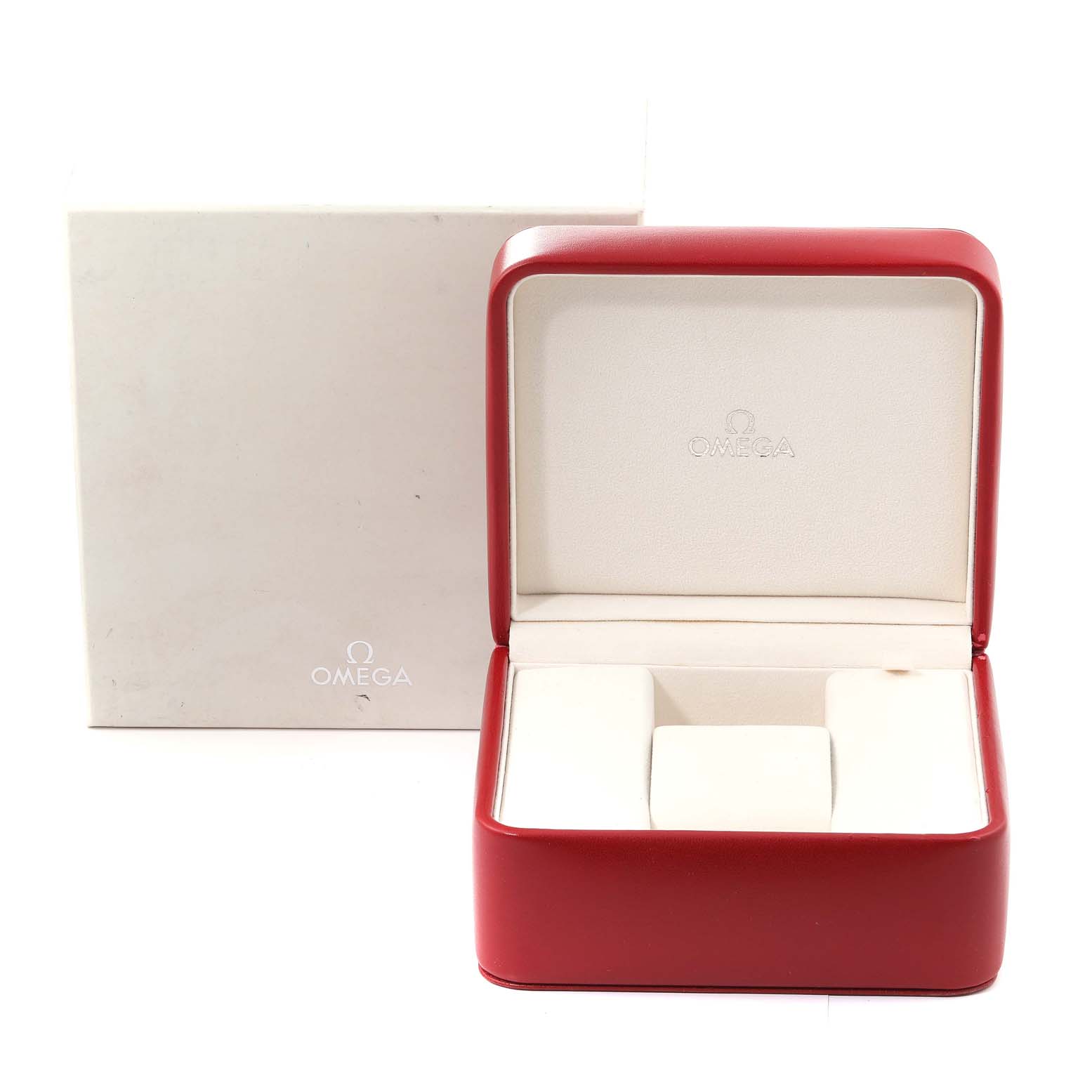 The image shows an open red Omega Seamaster 213.30.42.40.01.001 Men
s Stainless Steel Black Dial 213.30.42.40.01.001 Men
s Stainless Steel Black Dial watch box with the white interior and a closed white outer box.