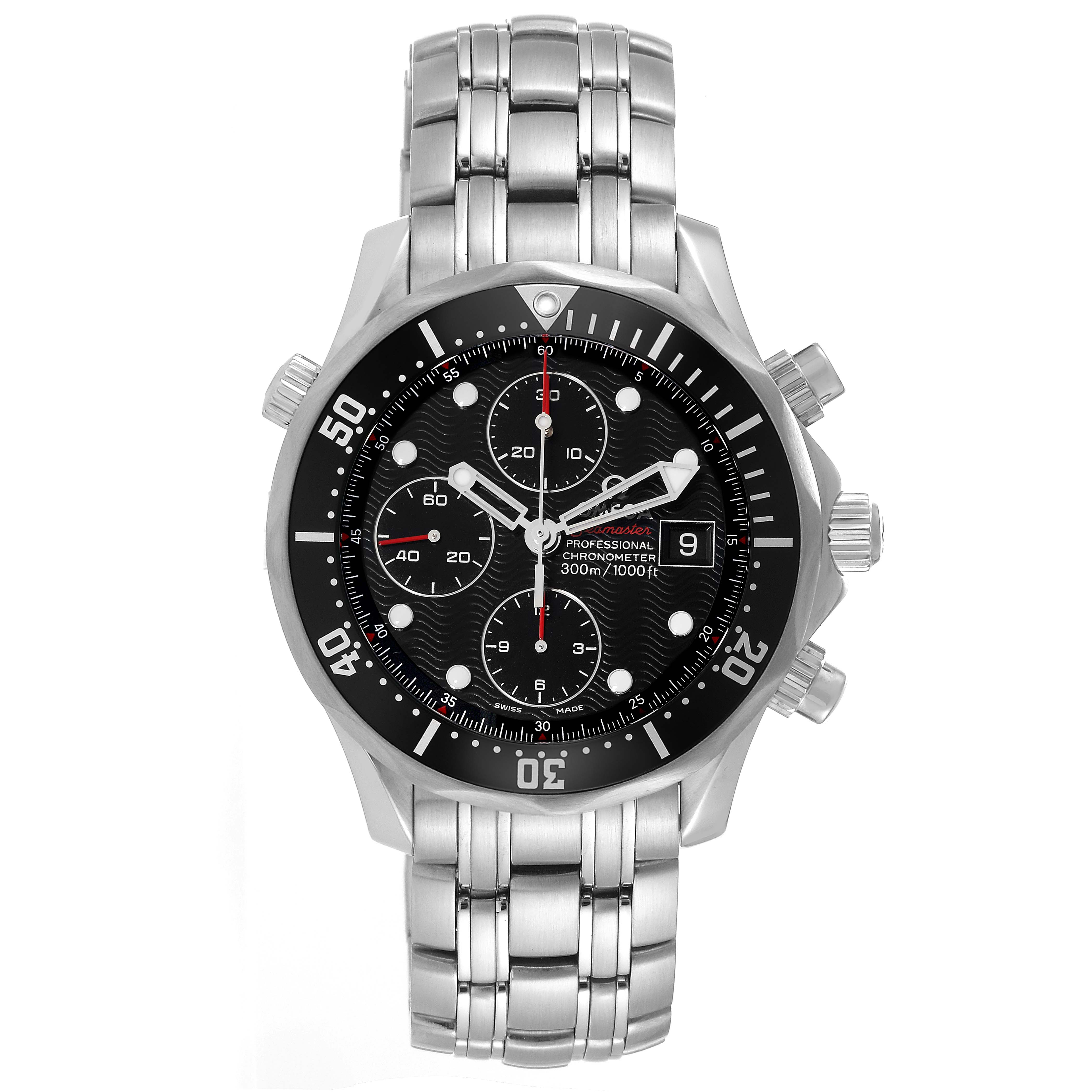 This image shows a frontal view of the Omega Seamaster 213.30.42.40.01.001 Men
s Stainless Steel Black Dial 213.30.42.40.01.001 Men
s Stainless Steel Black Dial watch, featuring its face, bezel, bracelet, and pushers.