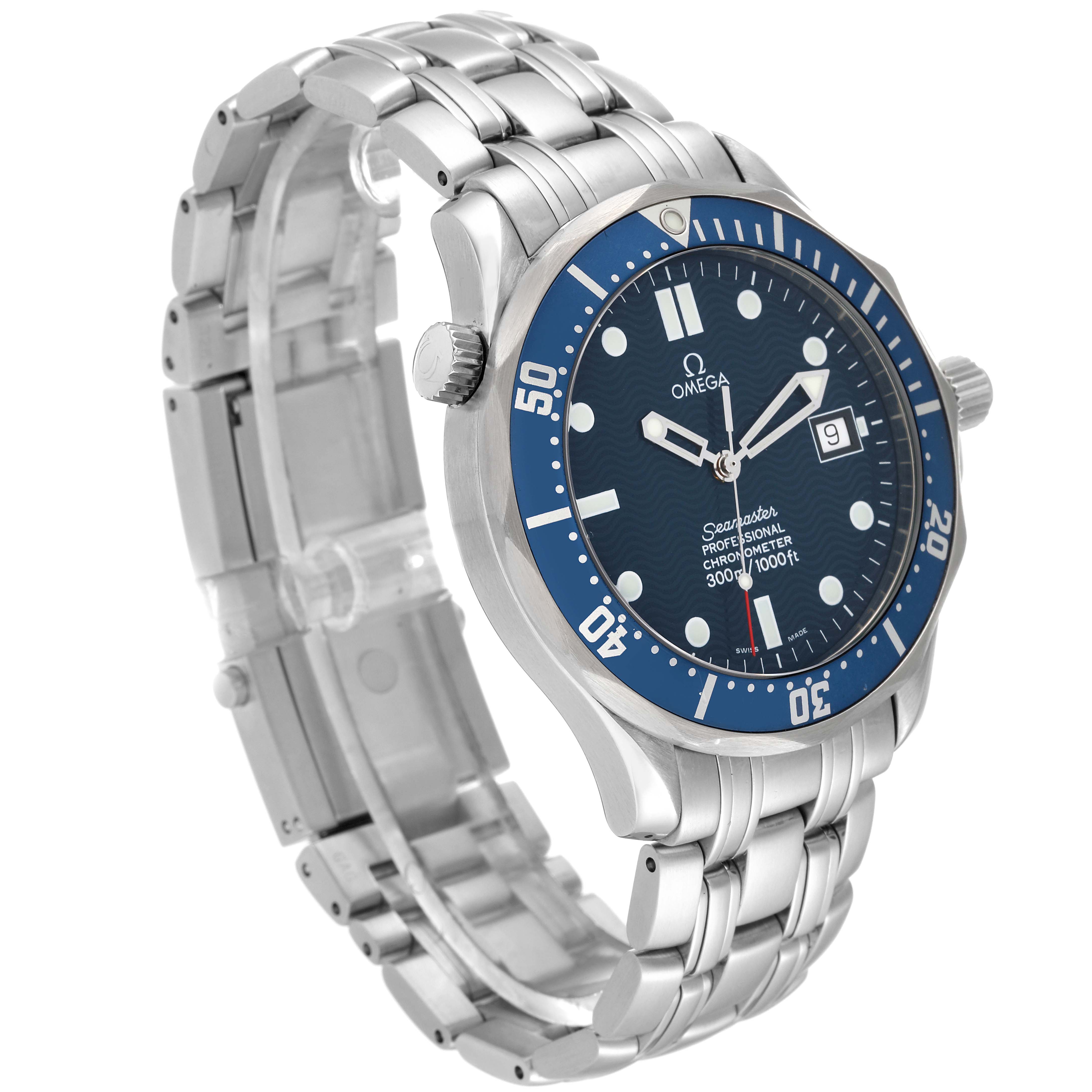 The image shows a side and front angle of the Omega Seamaster 2531.80.00 Men
s Stainless Steel Blue Dial 2531.80.00 Men
s Stainless Steel Blue Dial watch, highlighting its blue dial, bezel, and stainless steel bracelet.