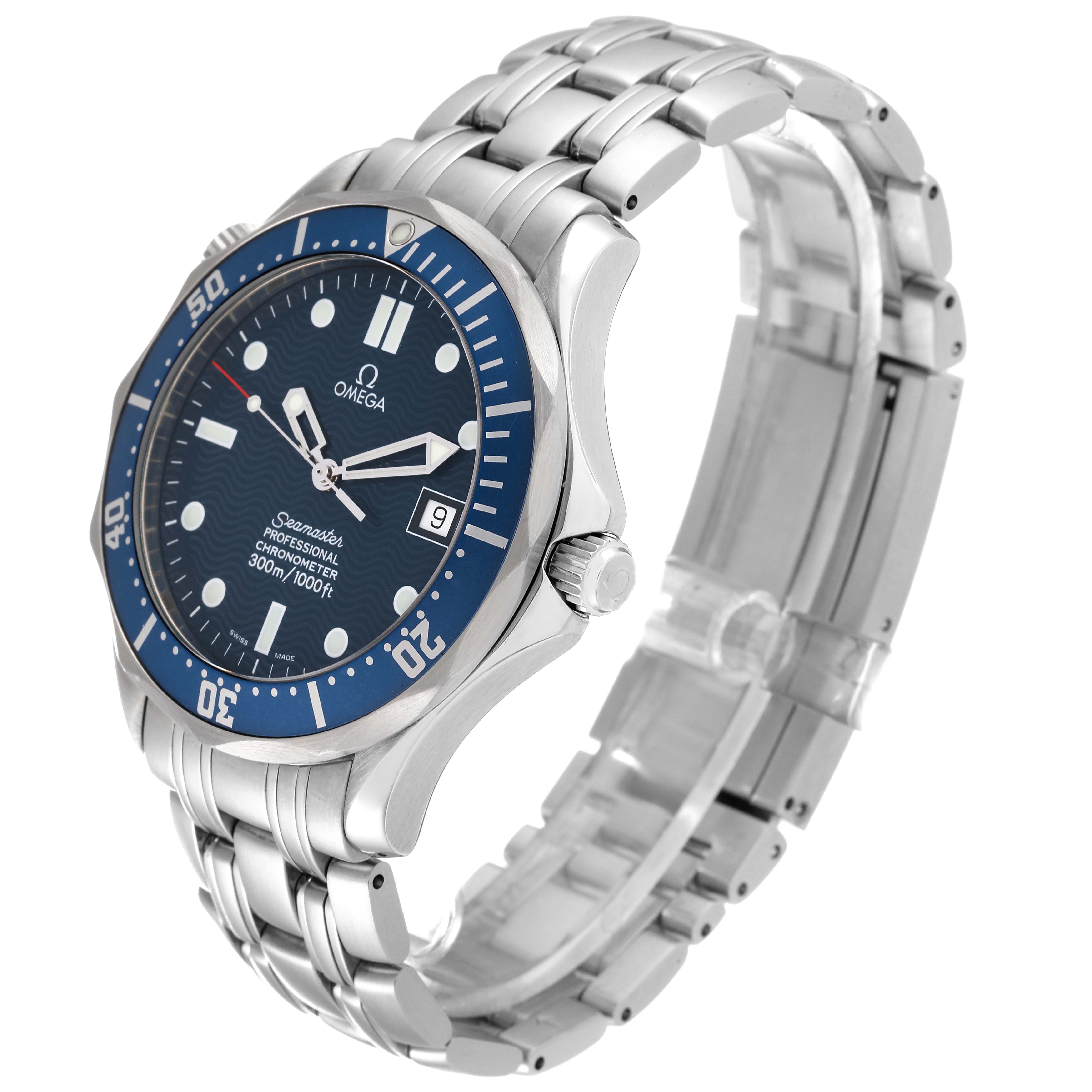 The Omega Seamaster 2531.80.00 Men
s Stainless Steel Blue Dial 2531.80.00 Men
s Stainless Steel Blue Dial watch is shown at a slight angle, highlighting its face, bezel, crown, and stainless steel bracelet.