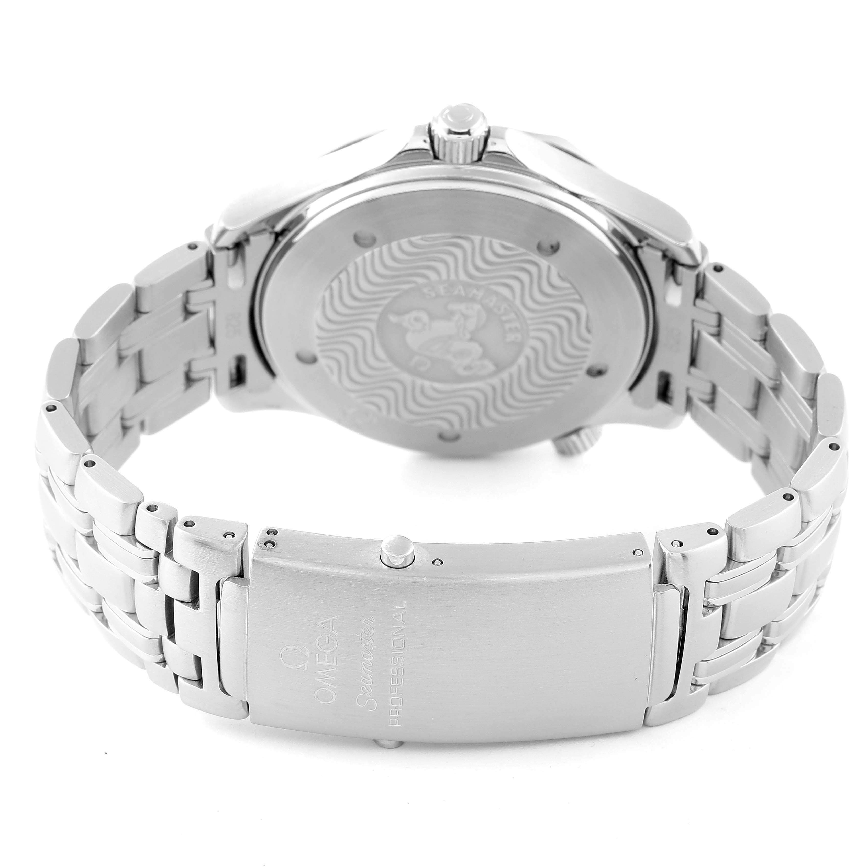 The image shows the back case and clasp of an Omega Seamaster 2531.80.00 Men
s Stainless Steel Blue Dial 2531.80.00 Men
s Stainless Steel Blue Dial watch, highlighting the embossed design and inscriptions.