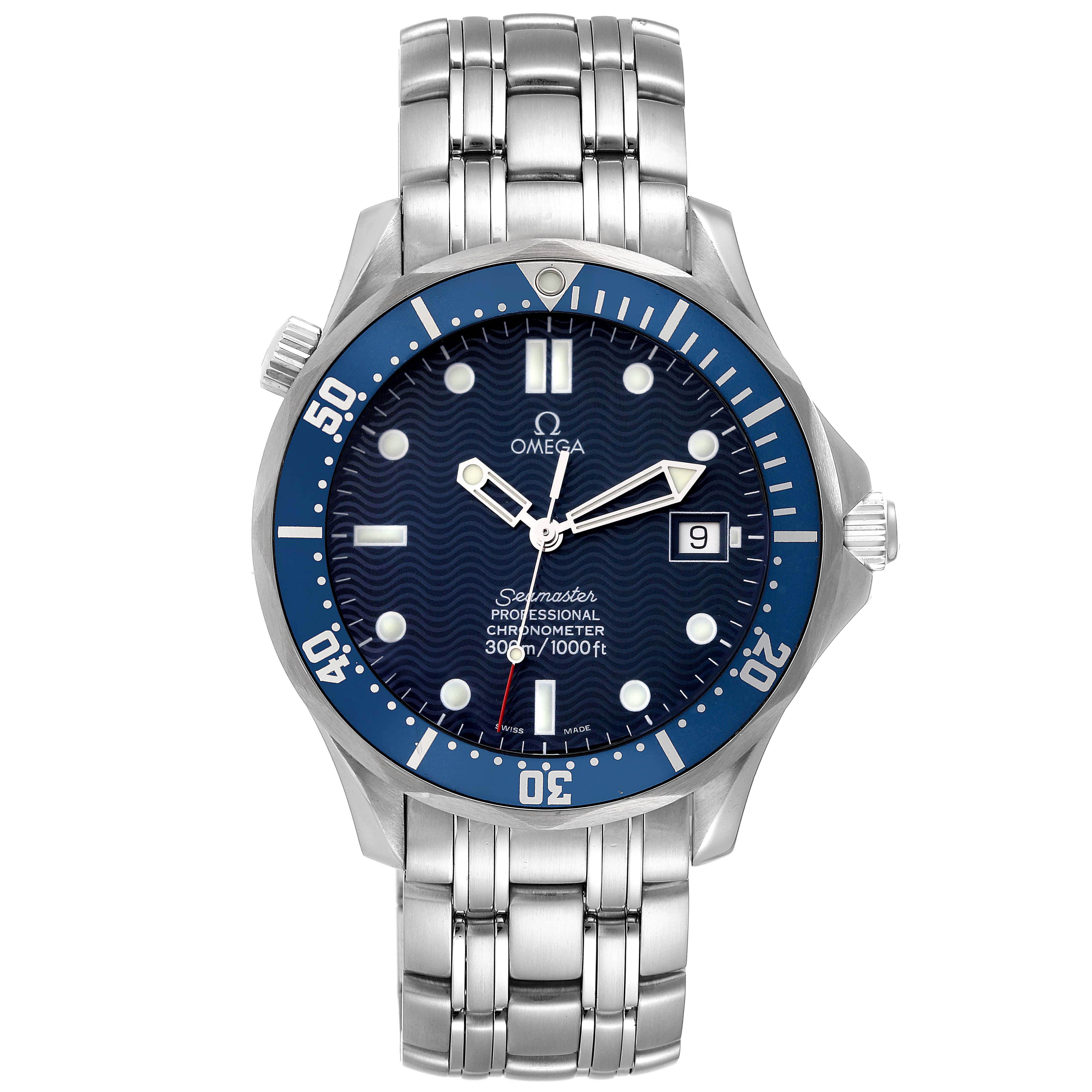 The Omega Seamaster 2531.80.00 Men
s Stainless Steel Blue Dial 2531.80.00 Men
s Stainless Steel Blue Dial watch is shown from a front-facing angle, displaying its blue dial, date window, and stainless steel bracelet.