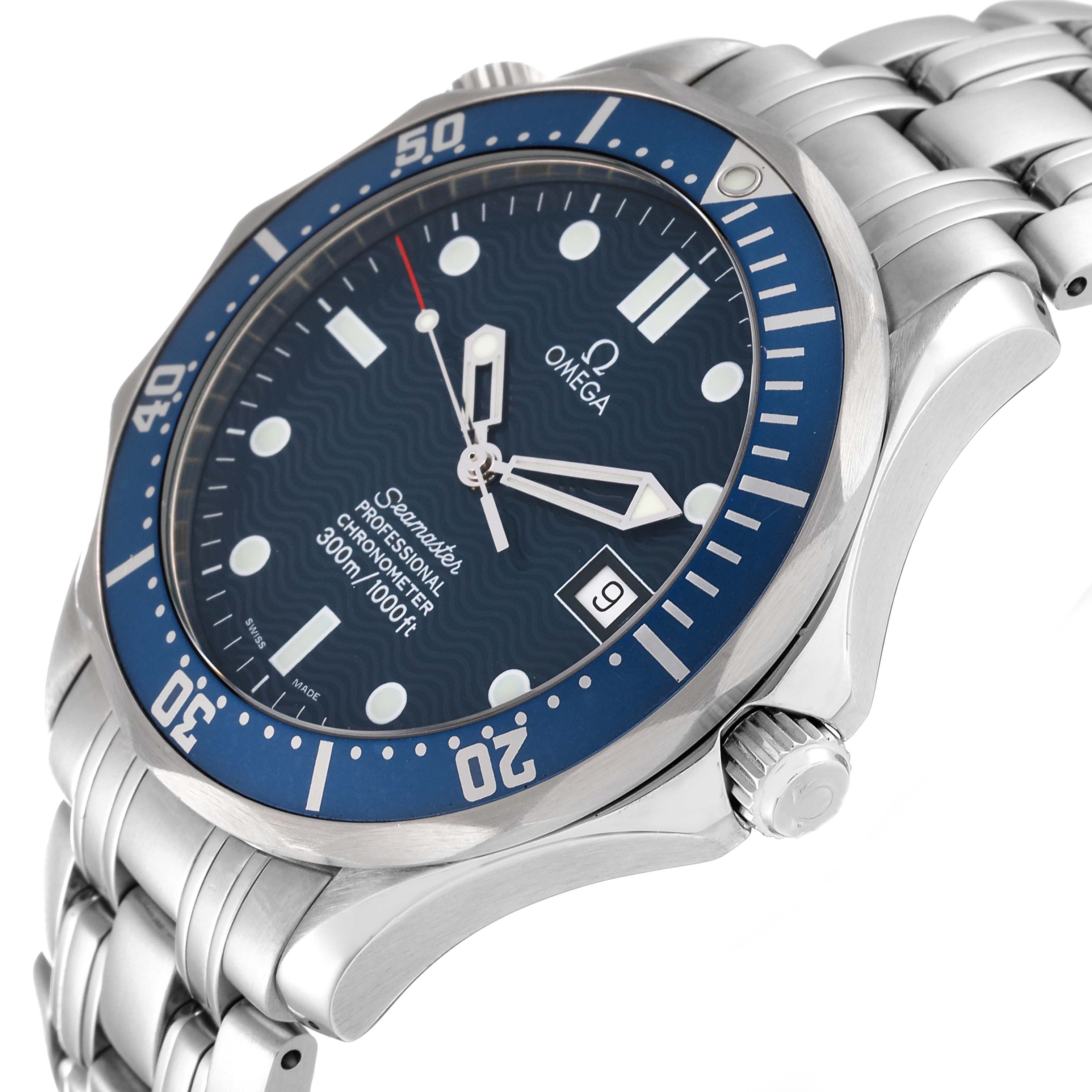 The image shows a close-up side angle of the Omega Seamaster 2531.80.00 Men
s Stainless Steel Blue Dial 2531.80.00 Men
s Stainless Steel Blue Dial watch, highlighting the bezel, dial, crown, and part of the bracelet.
