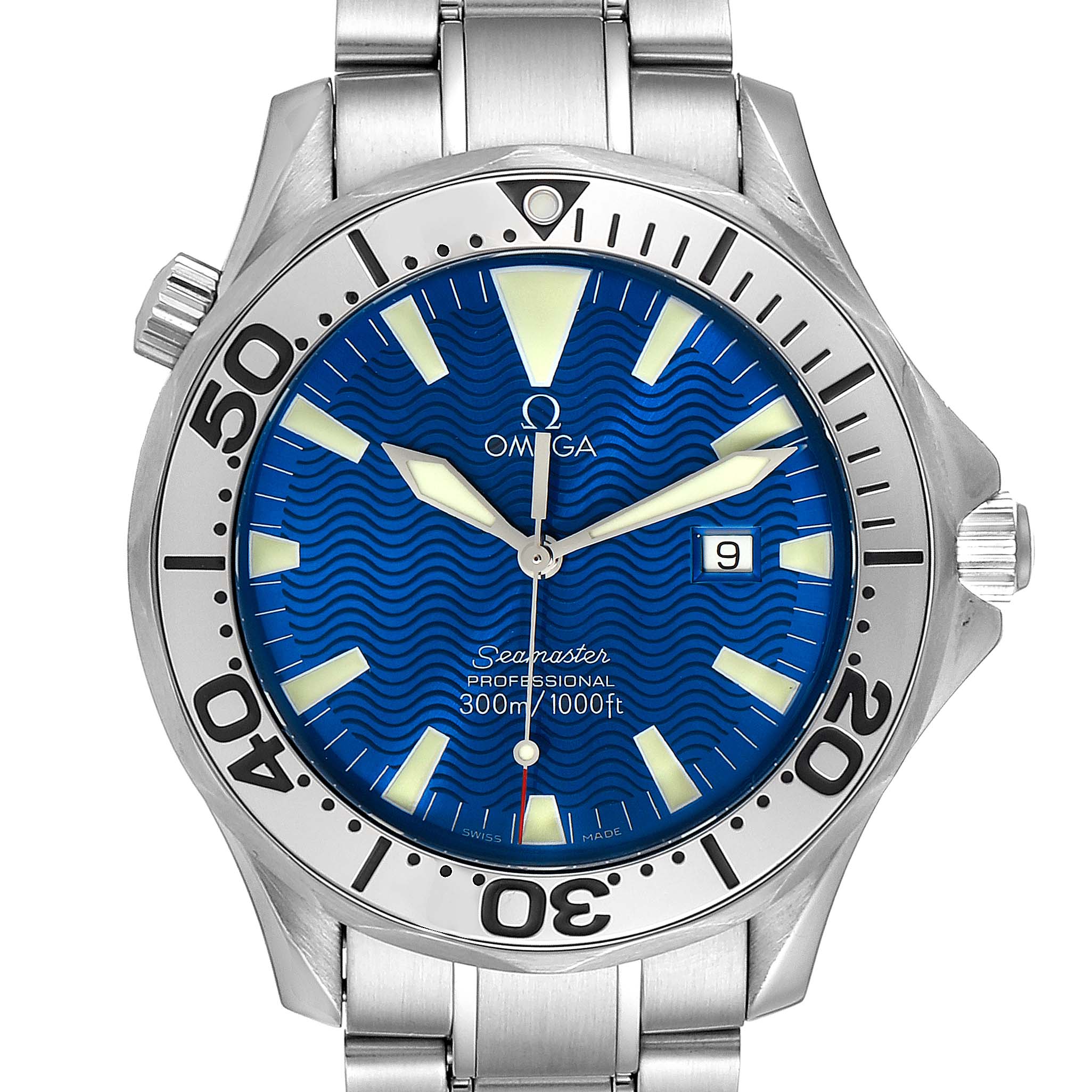 The image shows a front view of an Omega Seamaster 2265.80.00 Men
s Stainless Steel Blue Dial 2265.80.00 Men
s Stainless Steel Blue Dial watch, highlighting its blue dial, stainless steel bracelet, and bezel.