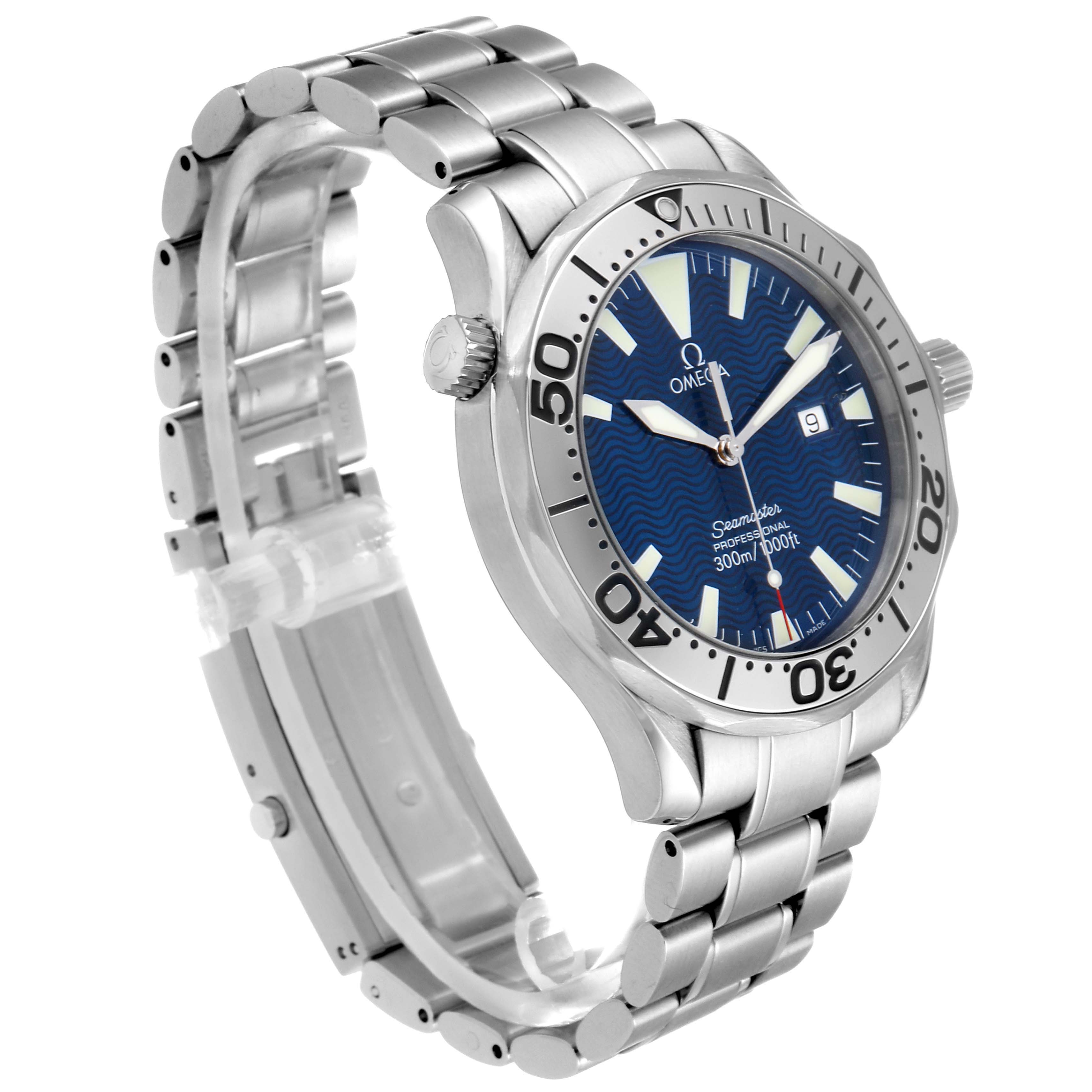 The image shows a side angle of an Omega Seamaster 2265.80.00 Men
s Stainless Steel Blue Dial 2265.80.00 Men
s Stainless Steel Blue Dial watch, highlighting the dial, bezel, and stainless steel bracelet.