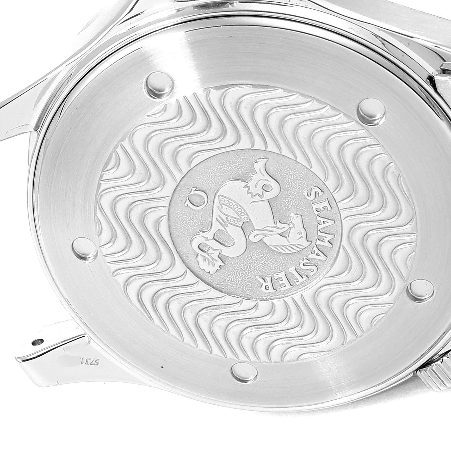 This image shows the engraved case back of an Omega Seamaster 2265.80.00 Men
s Stainless Steel Blue Dial 2265.80.00 Men
s Stainless Steel Blue Dial watch from a top-down angle.