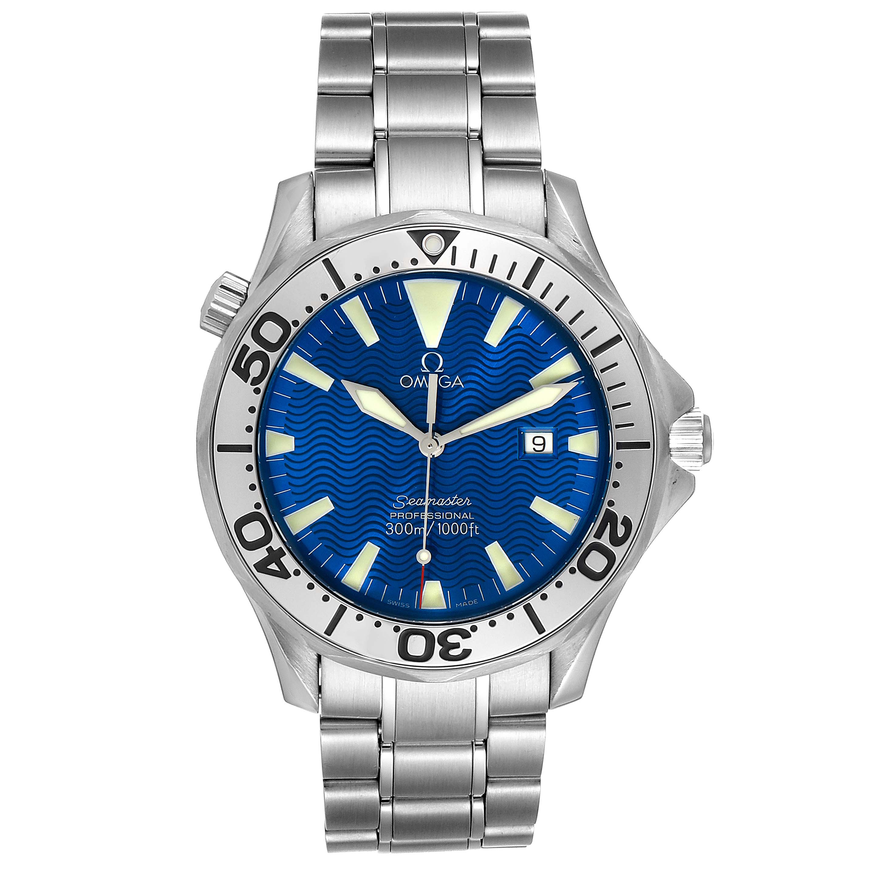 This image shows a front view of an Omega Seamaster 2265.80.00 Men
s Stainless Steel Blue Dial 2265.80.00 Men
s Stainless Steel Blue Dial watch with a blue dial and stainless steel bracelet.
