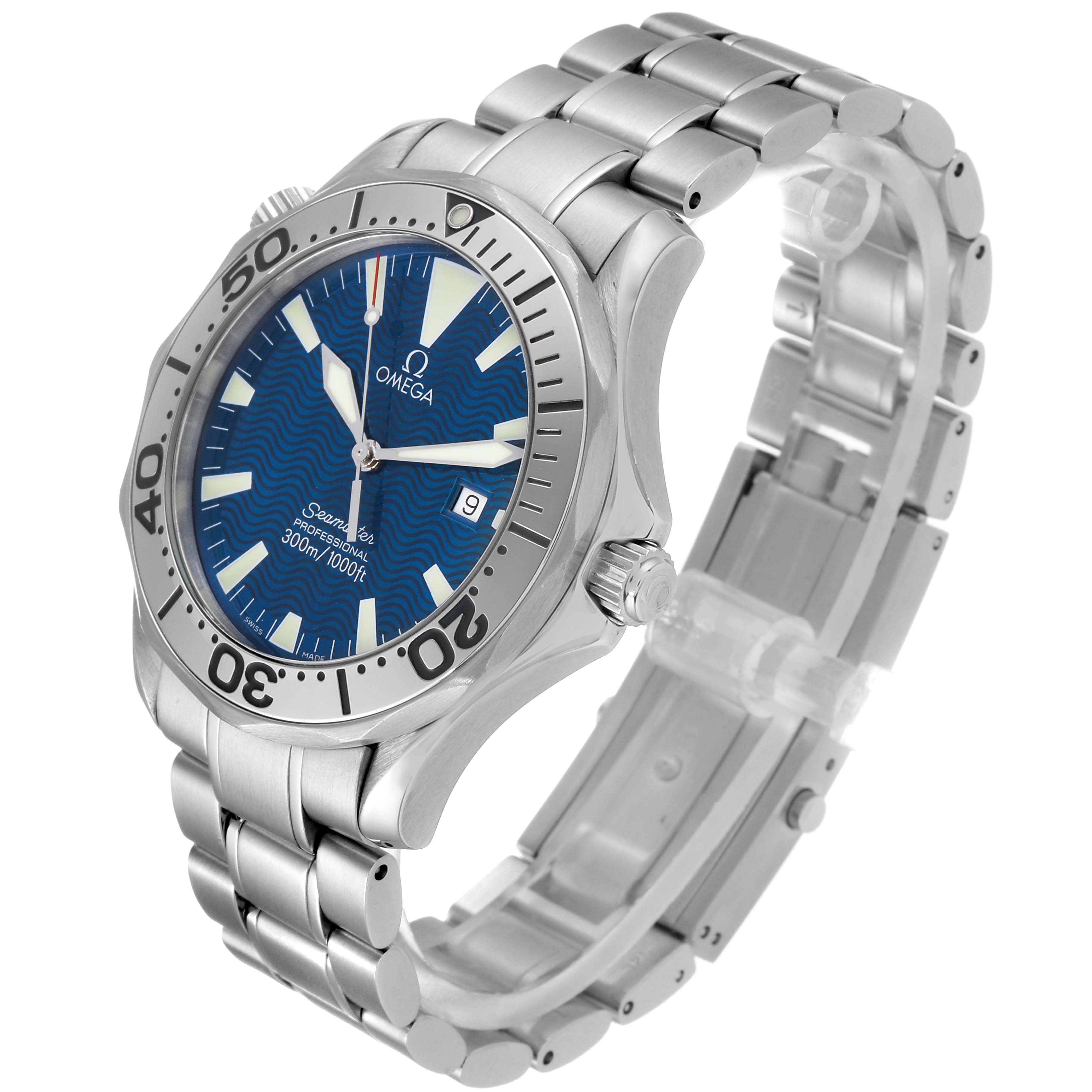 The Omega Seamaster 2265.80.00 Men
s Stainless Steel Blue Dial 2265.80.00 Men
s Stainless Steel Blue Dial watch is shown from a three-quarter angle, displaying the face, bezel, bracelet, and crown.
