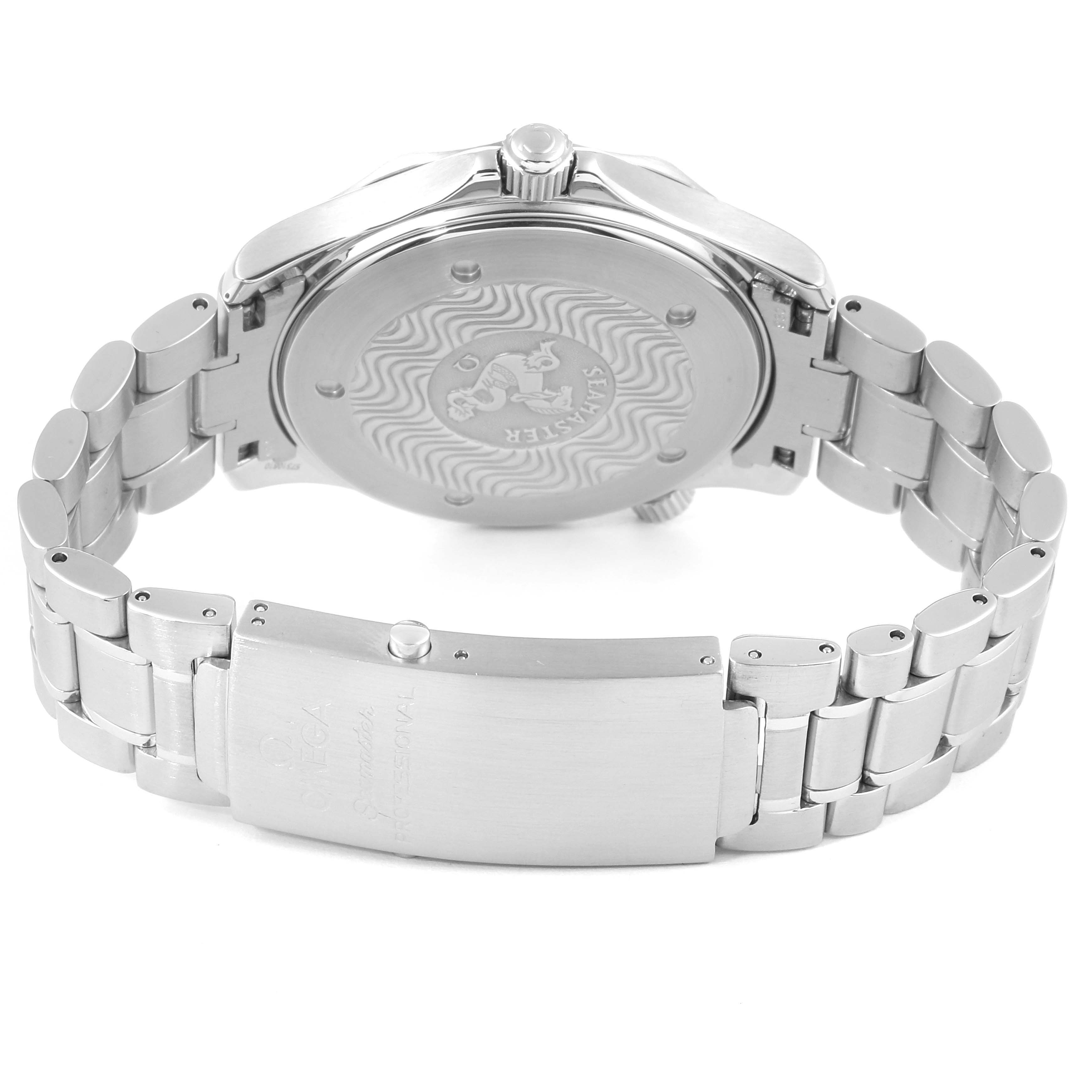 The image shows the back and clasp of an Omega Seamaster 2265.80.00 Men
s Stainless Steel Blue Dial 2265.80.00 Men
s Stainless Steel Blue Dial watch, highlighting its stainless steel case and bracelet.