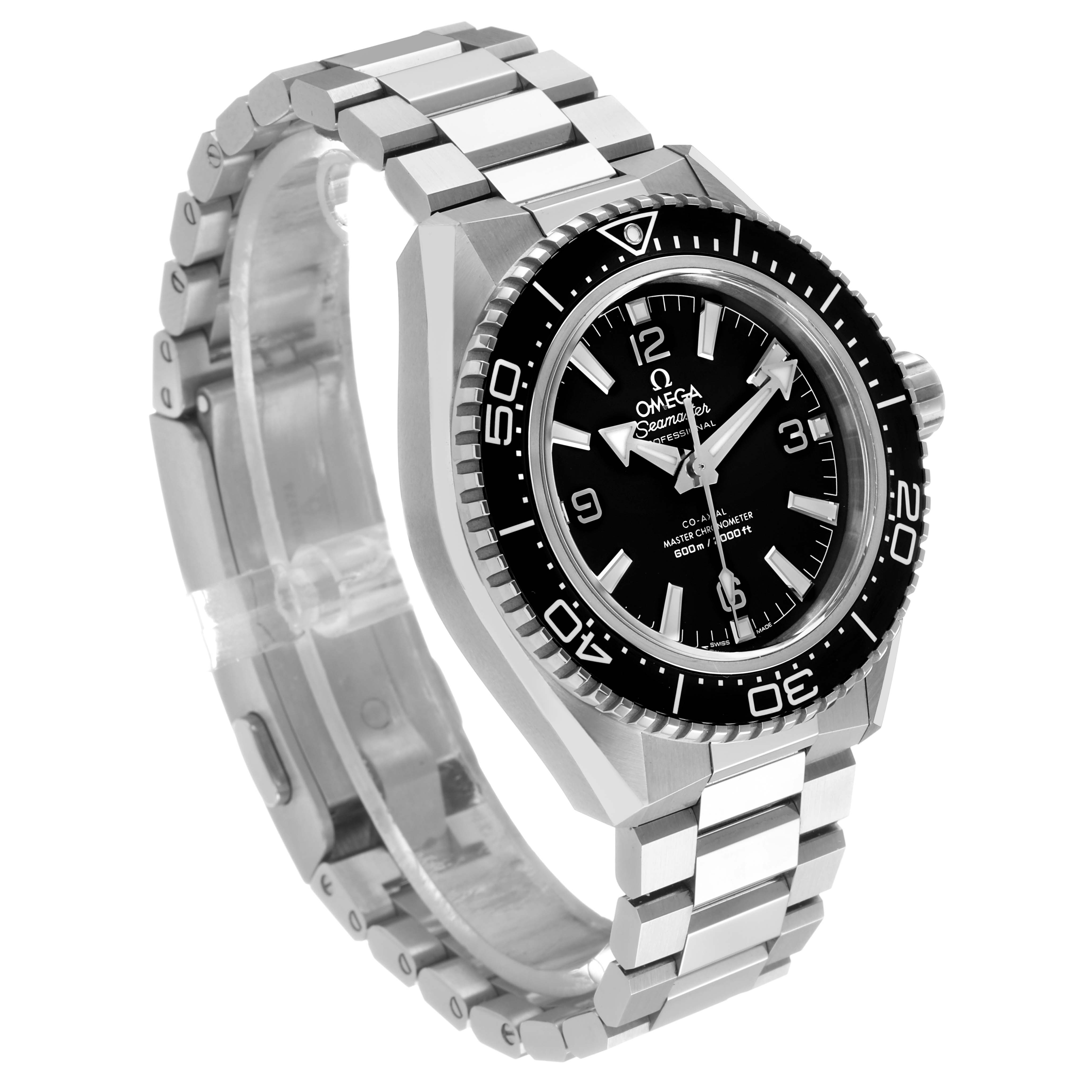 The Omega Seamaster 217.30.42.21.01.001 Men's Stainless Steel Black Dial watch is shown at a slight angle, highlighting the face, bezel, and bracelet.