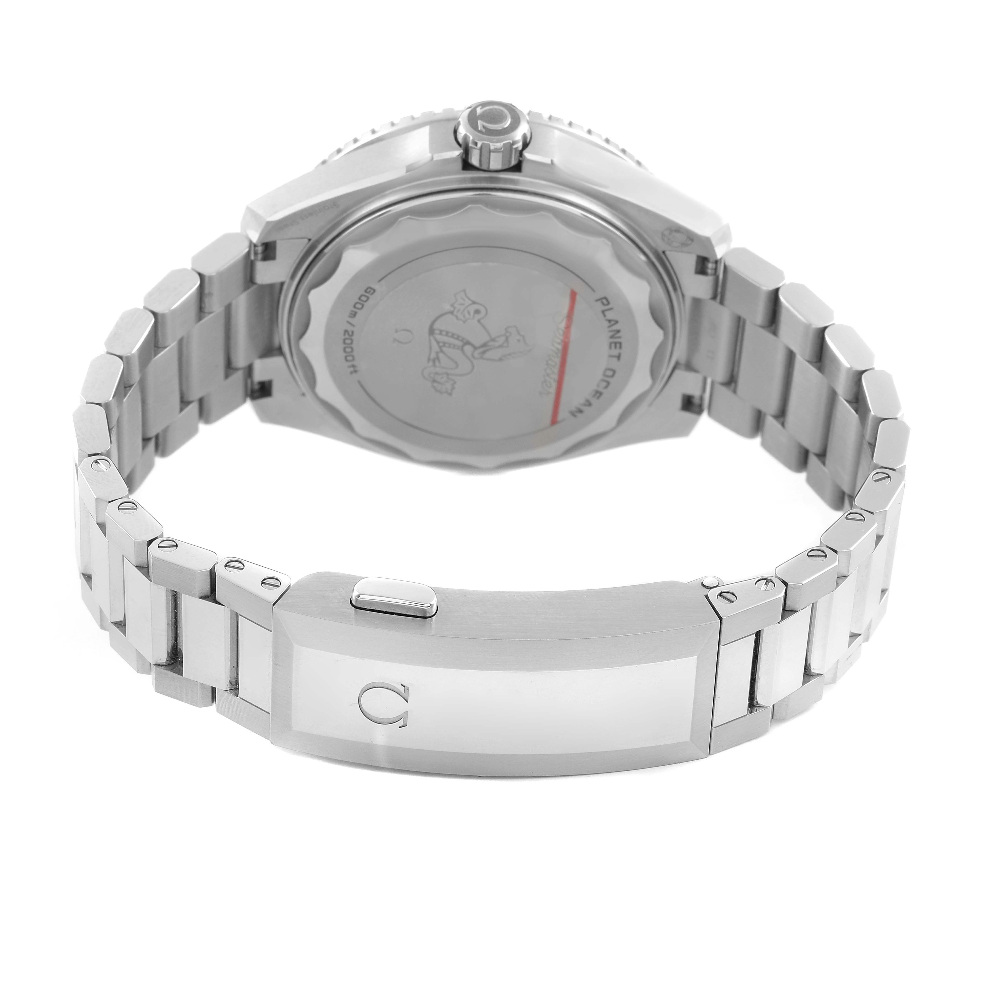 The image shows the back and bracelet of an Omega Seamaster 217.30.42.21.01.001 Men's Stainless Steel Black Dial, highlighting the clasp and caseback details.