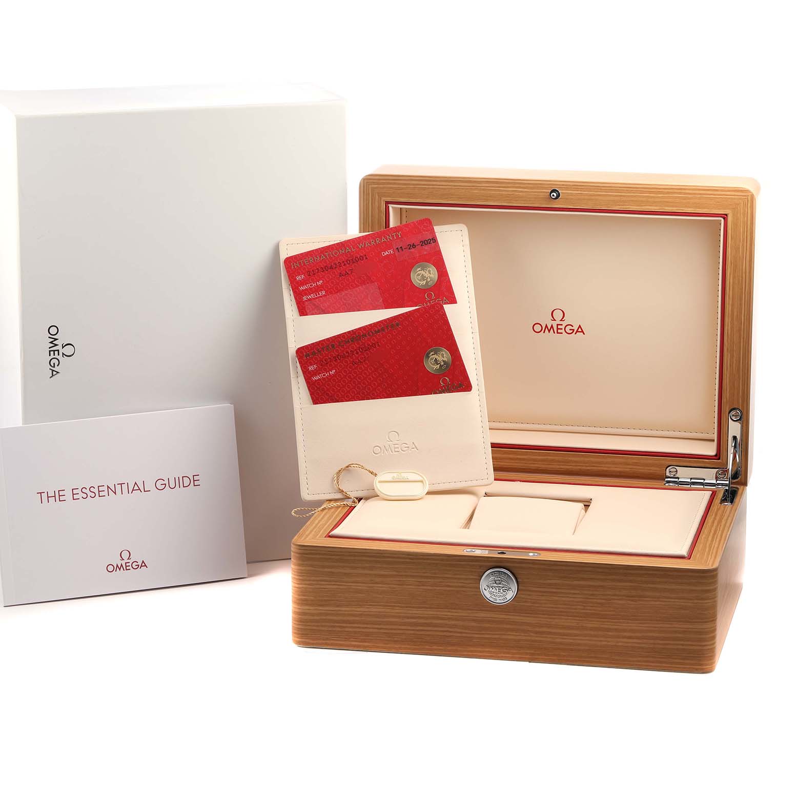 The image shows an Omega Seamaster 217.30.42.21.01.001 Men's Stainless Steel Black Dial box with warranty cards and an essential guide, viewed from the front.