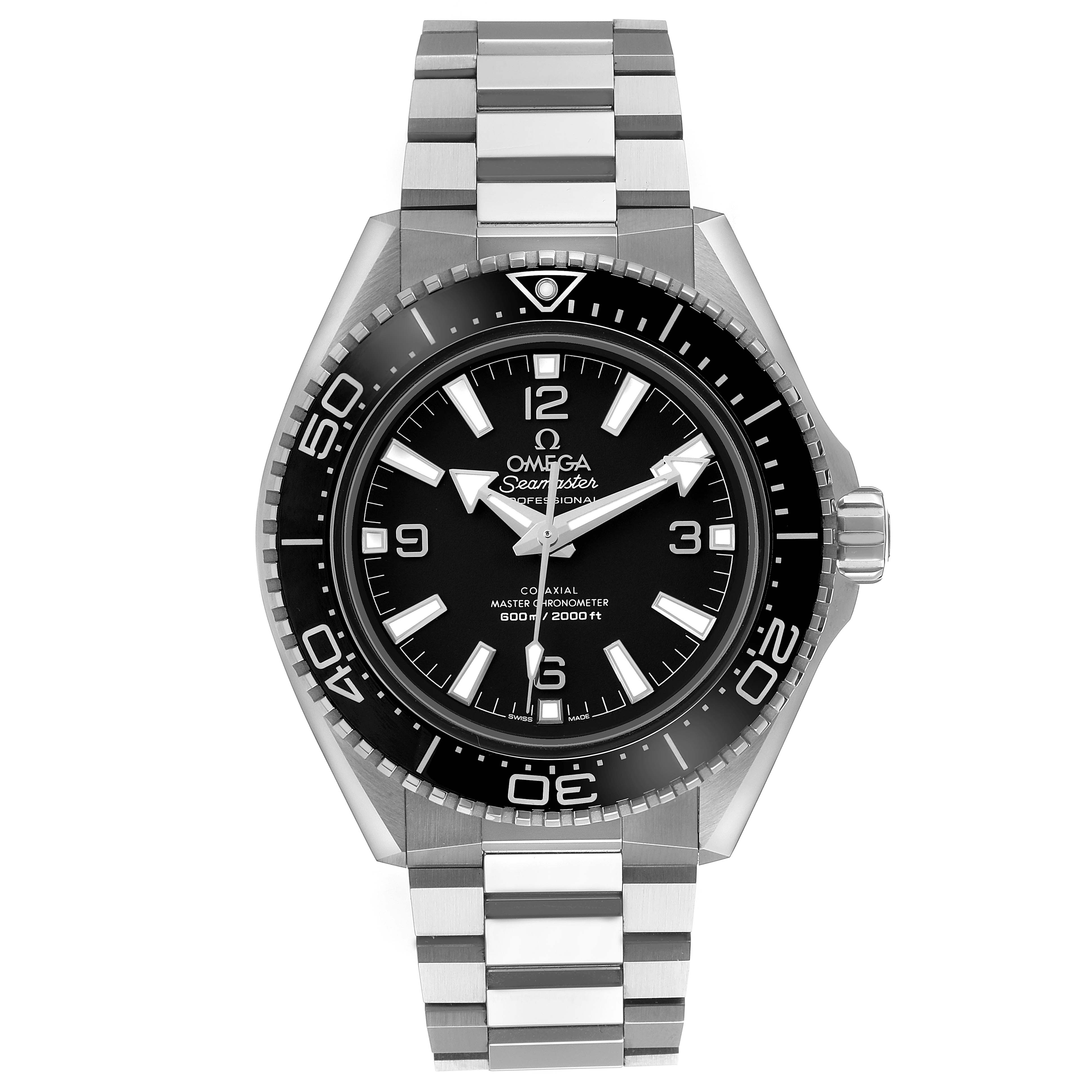 The image shows a front view of the Omega Seamaster 217.30.42.21.01.001 Men's Stainless Steel Black Dial watch, highlighting the dial, bezel, and metal bracelet.