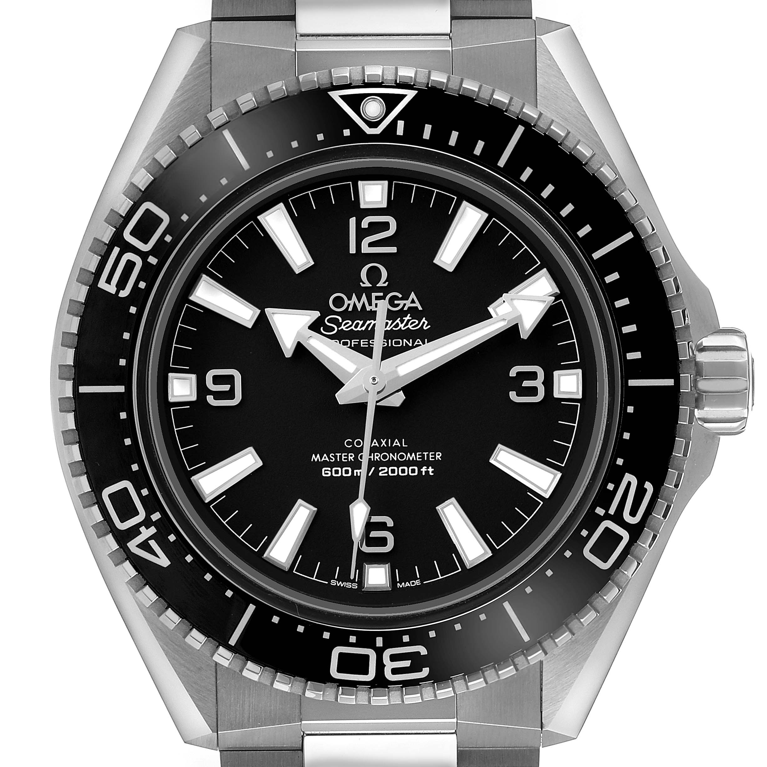 The Omega Seamaster 217.30.42.21.01.001 Men's Stainless Steel Black Dial watch is shown from a front angle, highlighting the bezel, dial, hands, and markers.