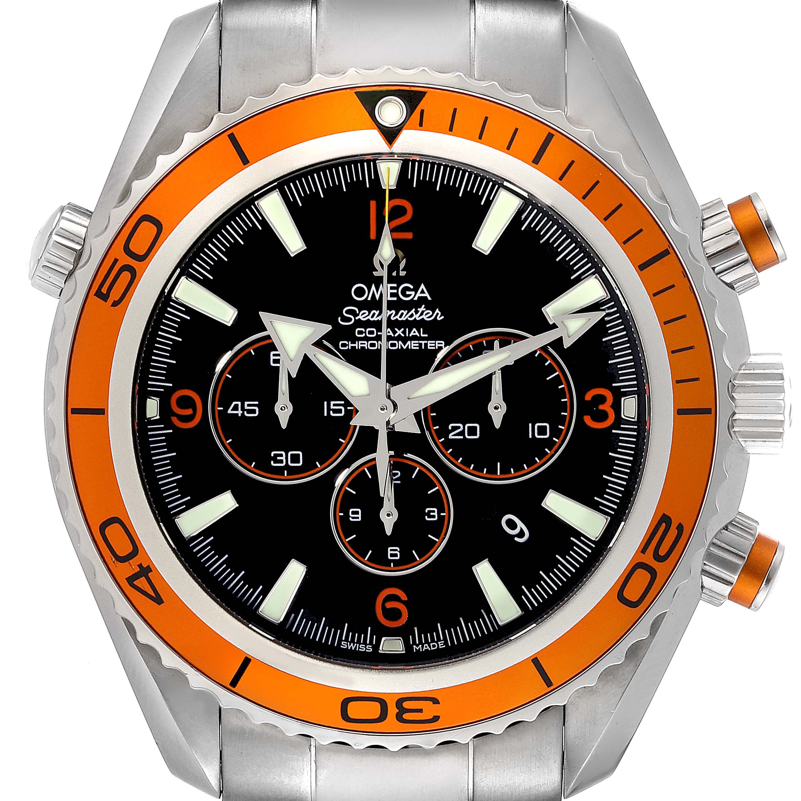 This image shows a front view of the Omega Planet Ocean 2218.50.00 Men
s Stainless Steel Black Dial 2218.50.00 Men
s Stainless Steel Black Dial model watch, highlighting its bezel, dial, and chronograph features.