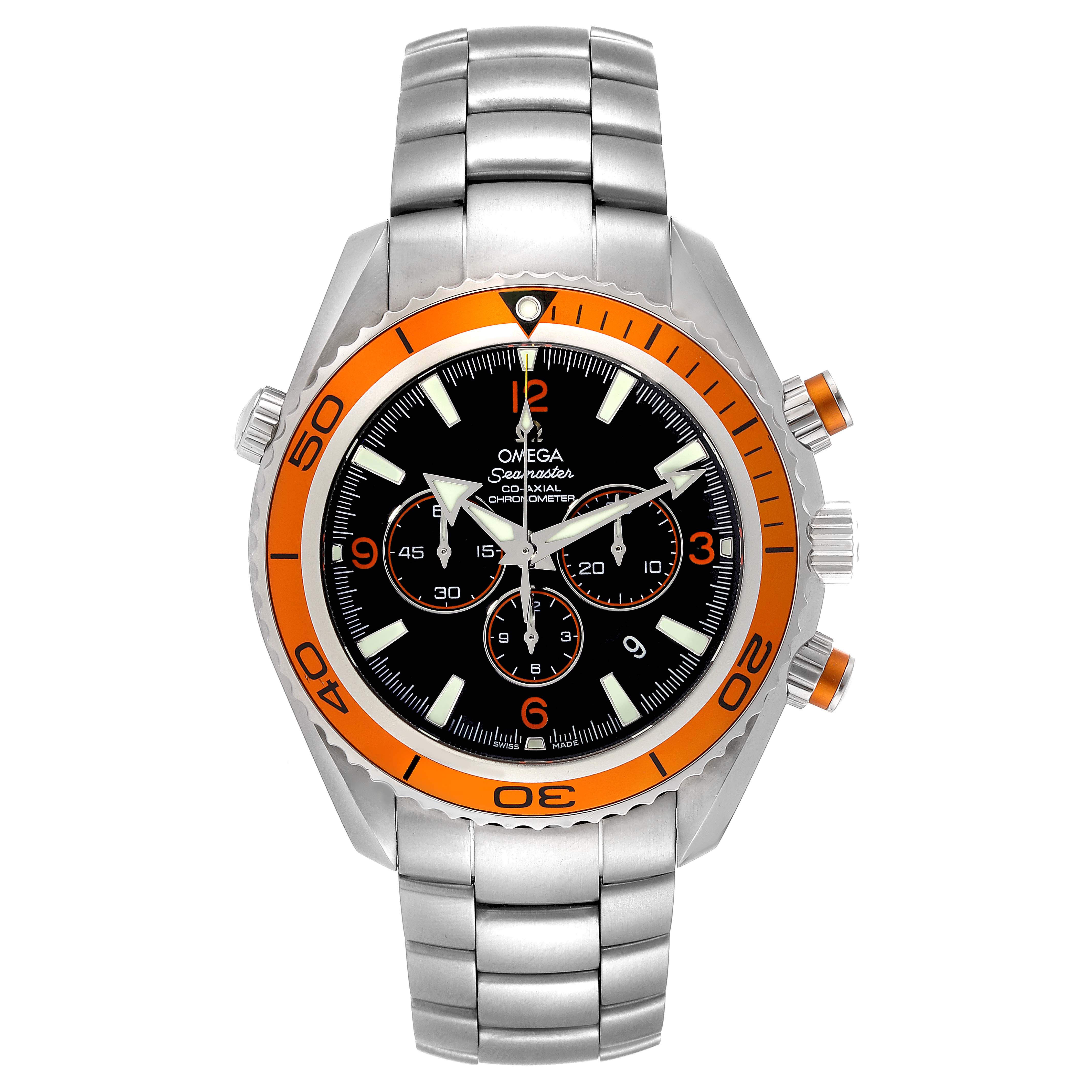The image shows a front view of an Omega Planet Ocean 2218.50.00 Men
s Stainless Steel Black Dial 2218.50.00 Men
s Stainless Steel Black Dial watch, highlighting its silver bracelet and orange bezel.