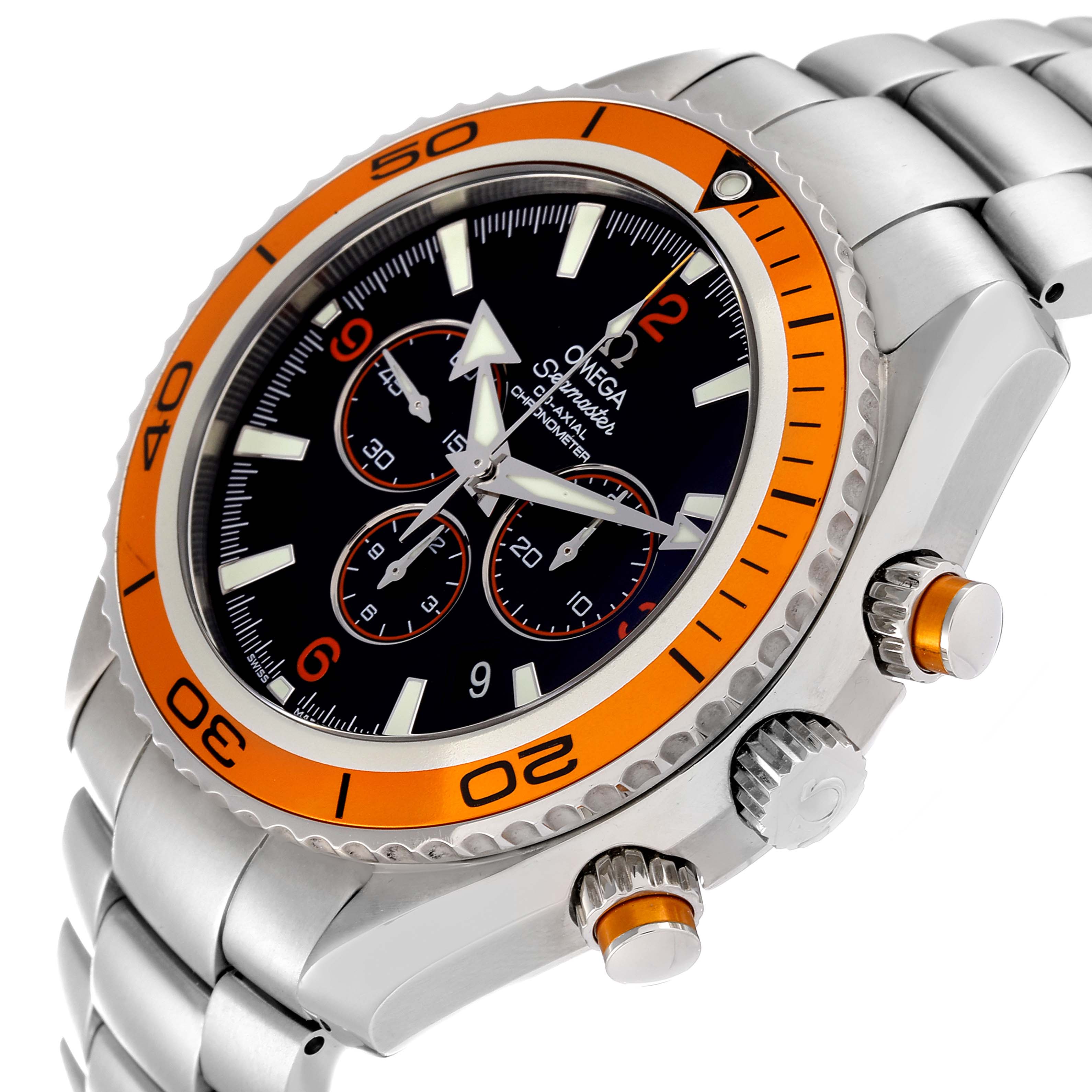 The image shows an angled view of the Omega Planet Ocean 2218.50.00 Men
s Stainless Steel Black Dial 2218.50.00 Men
s Stainless Steel Black Dial watch, highlighting its orange bezel, black dial, and chronograph subdials.