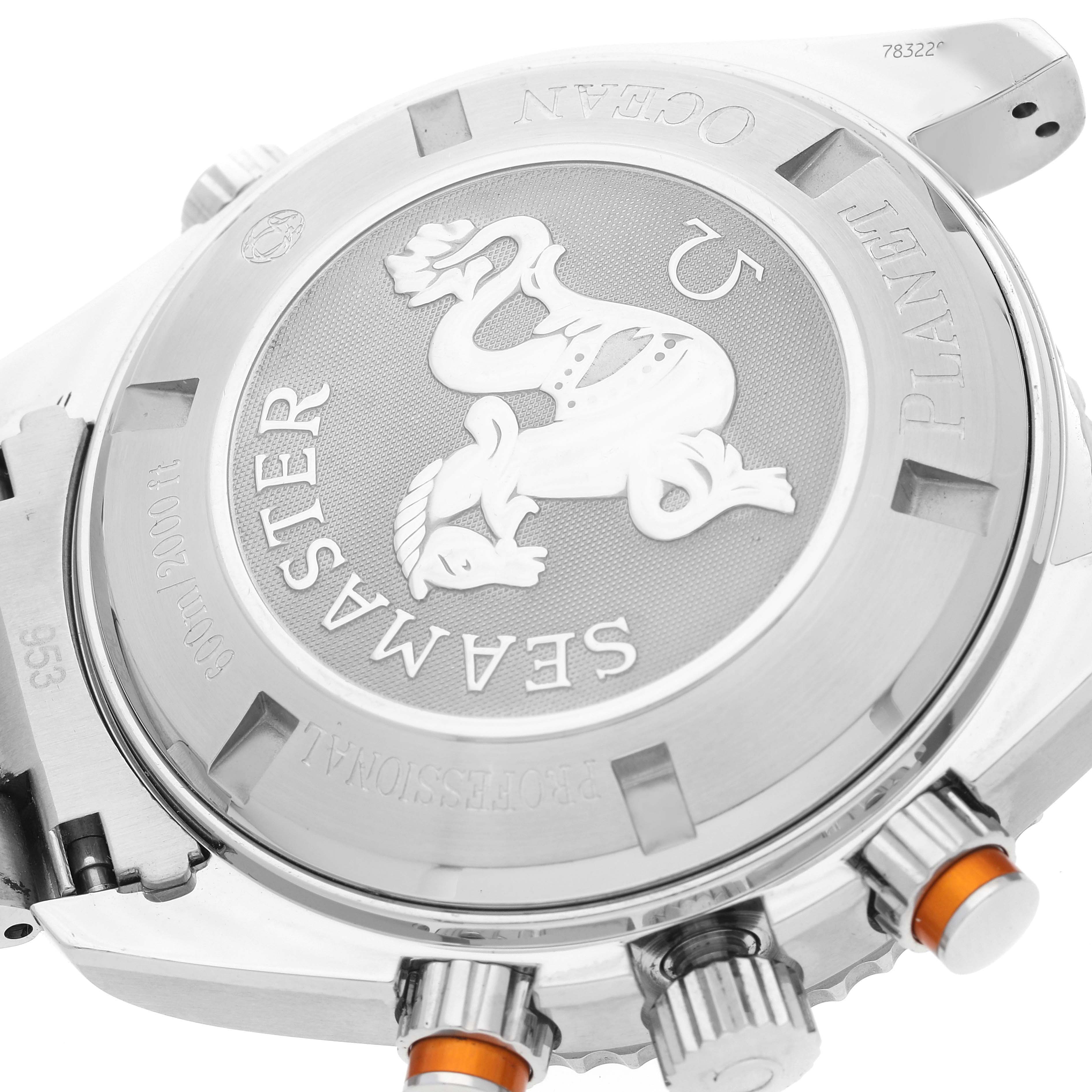 The image shows the case back, crown, and pushers of an Omega Planet Ocean 2218.50.00 Men
s Stainless Steel Black Dial 2218.50.00 Men
s Stainless Steel Black Dial watch from a close-up, angled side view.