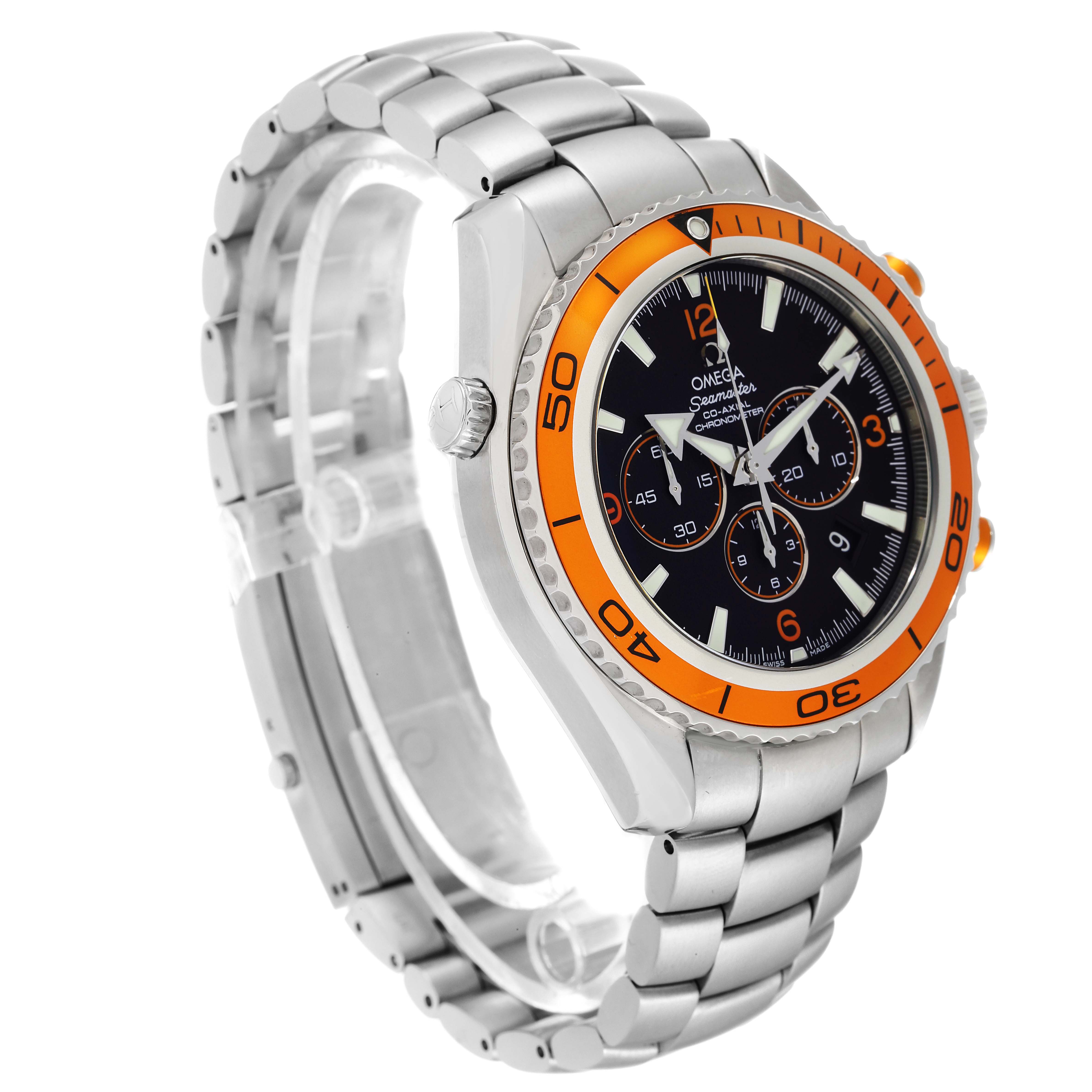 The Omega Planet Ocean 2218.50.00 Men
s Stainless Steel Black Dial 2218.50.00 Men
s Stainless Steel Black Dial watch is shown at a three-quarter angle, displaying its face, bezel, and metal bracelet.