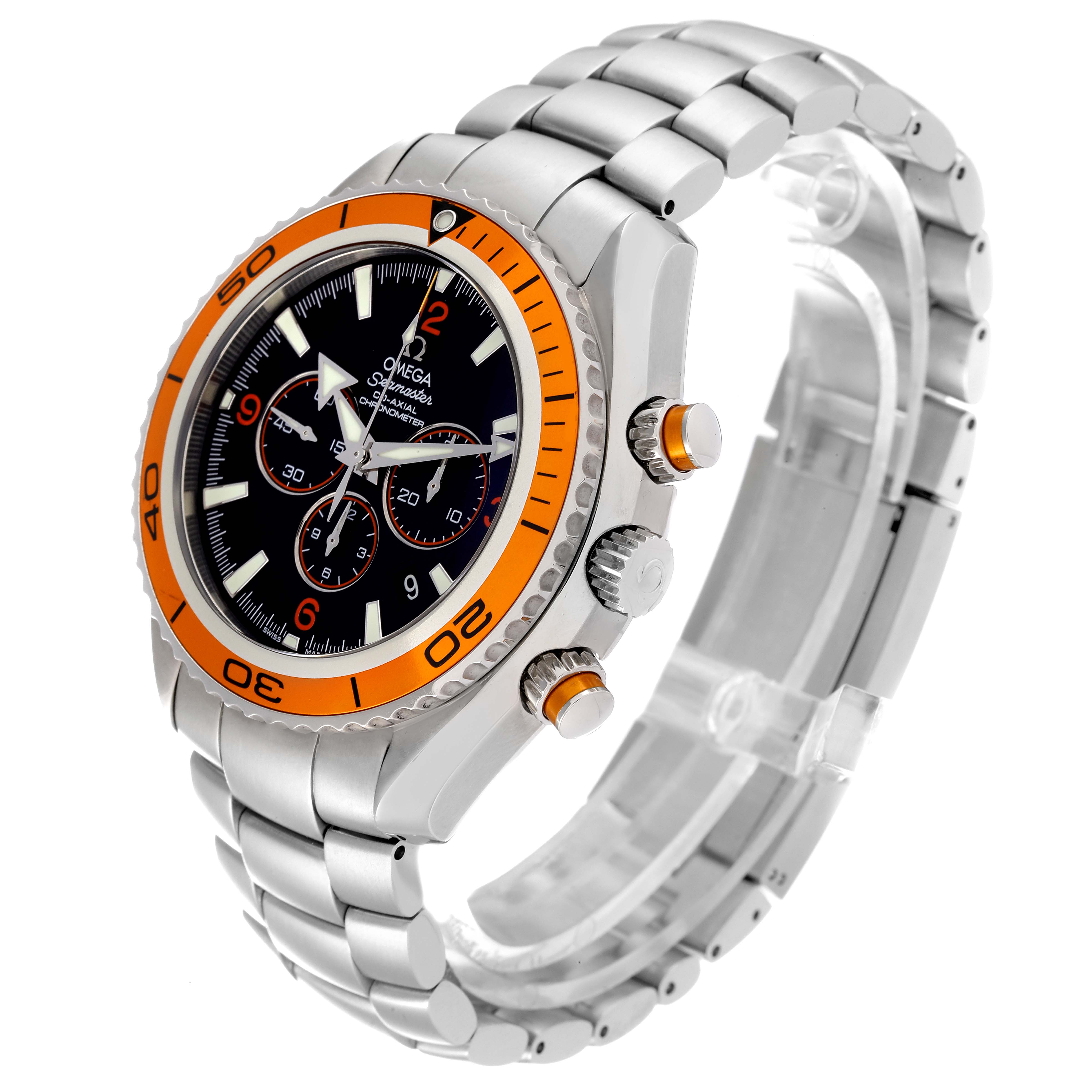 This is an angled view of the Omega Planet Ocean 2218.50.00 Men
s Stainless Steel Black Dial 2218.50.00 Men
s Stainless Steel Black Dial watch showing the case, dial, bezel, crown, pushers, and metal bracelet.