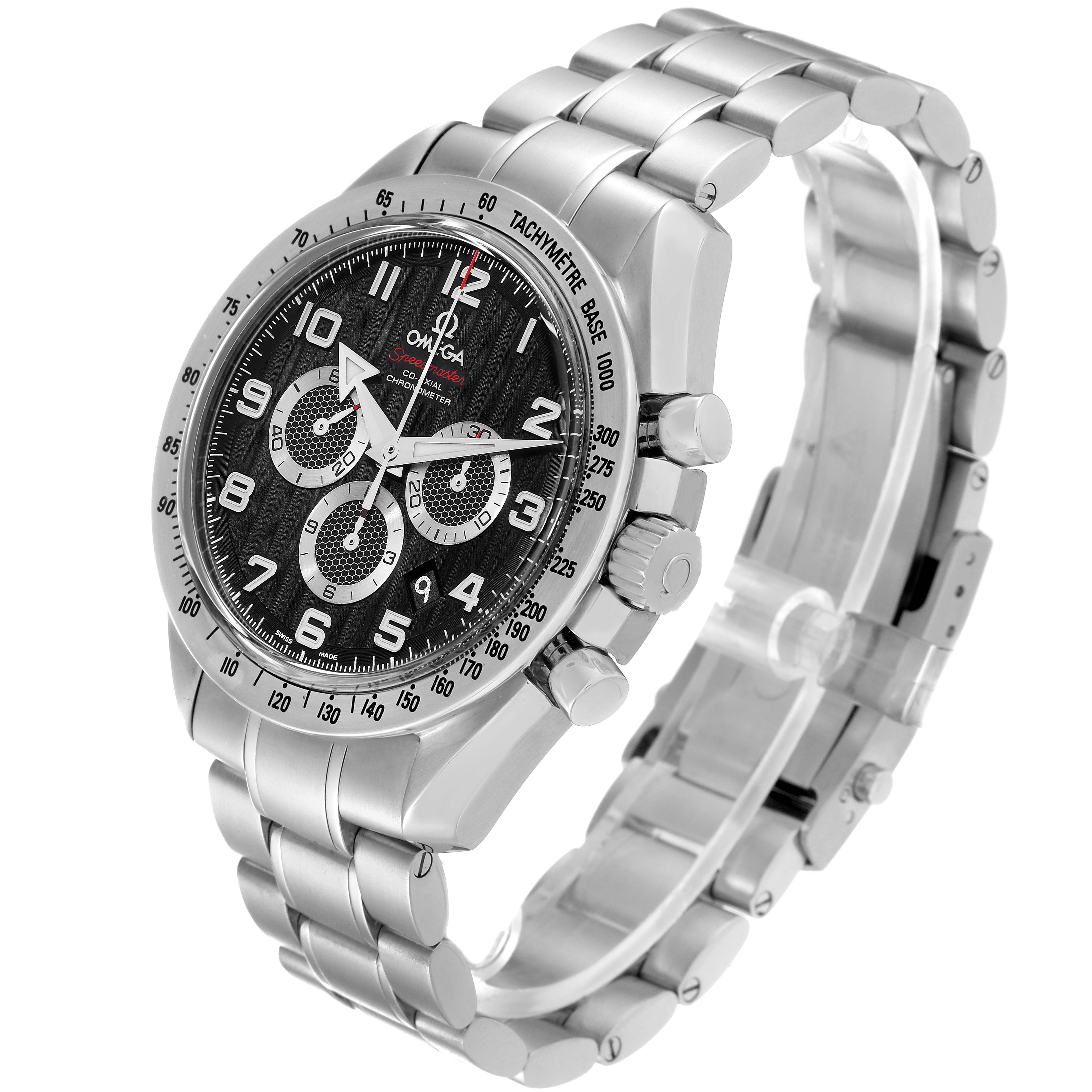 The image shows an angled view of the Omega Speedmaster 321.10.44.50.01.001 Men
s Stainless Steel Black Dial 321.10.44.50.01.001 Men
s Stainless Steel Black Dial watch, featuring its face, case, and bracelet.