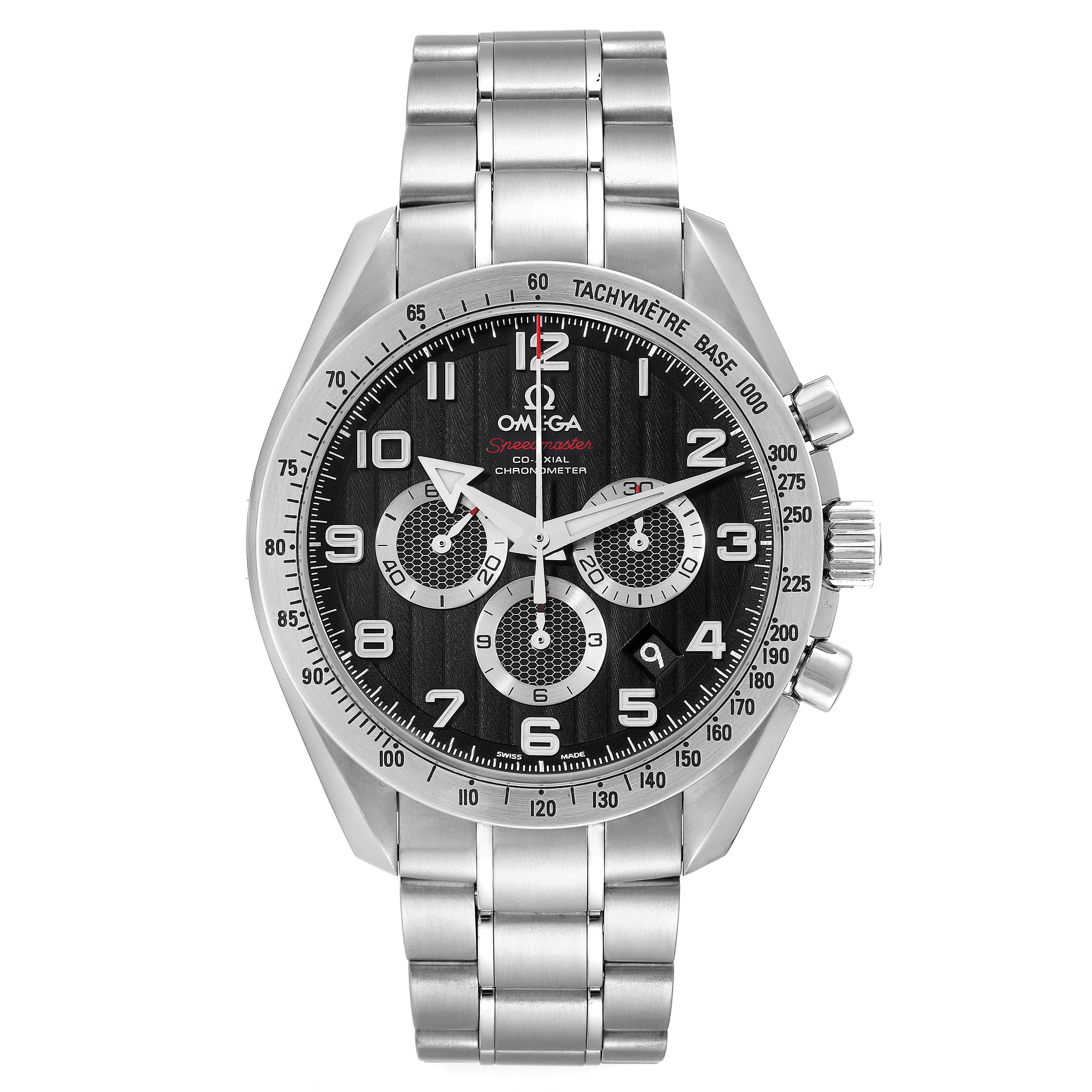 This image shows a frontal view of the Omega Speedmaster 321.10.44.50.01.001 Men
s Stainless Steel Black Dial 321.10.44.50.01.001 Men
s Stainless Steel Black Dial watch, displaying the dial, bezel, pushers, and bracelet.