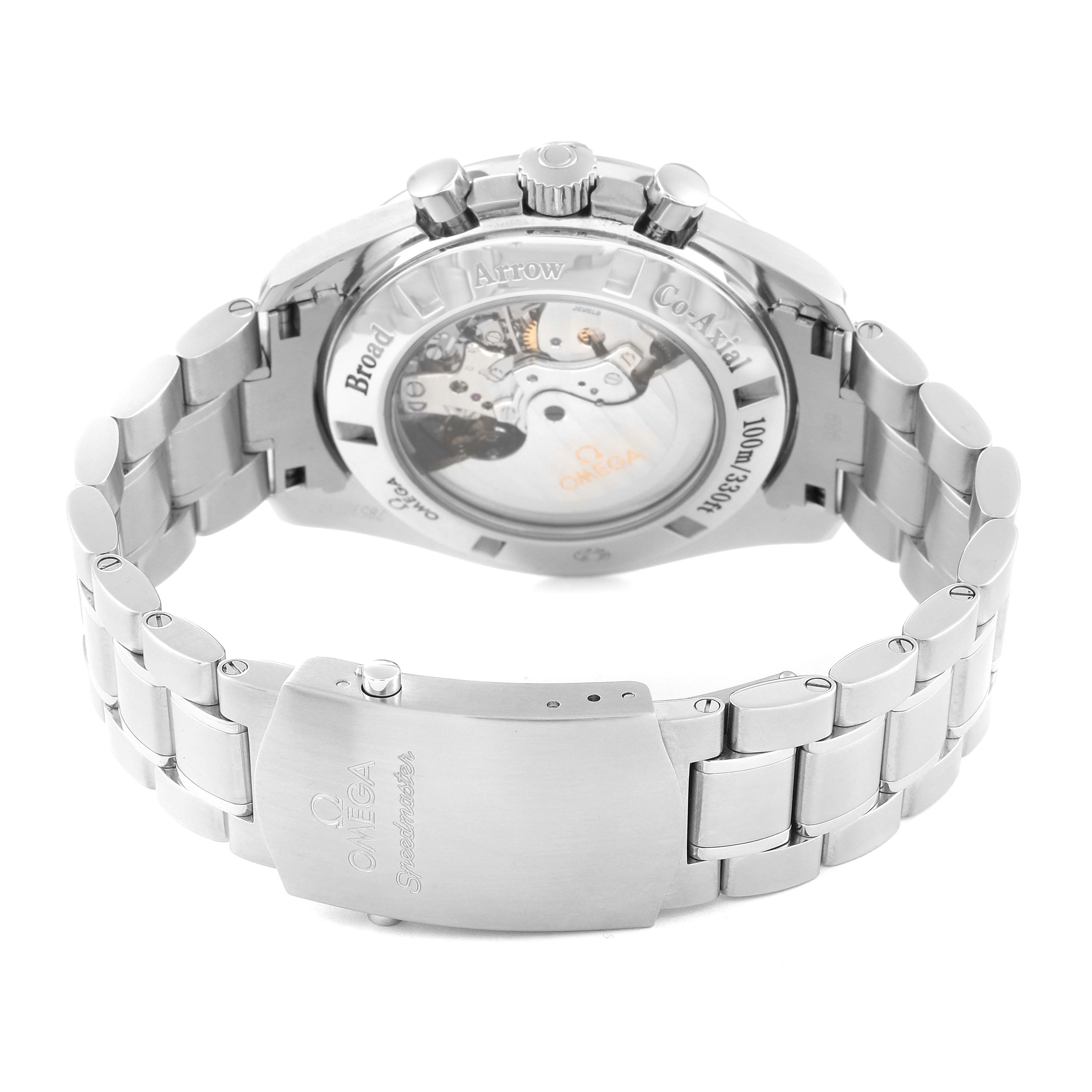 The image shows the back of the Omega Speedmaster 321.10.44.50.01.001 Men
s Stainless Steel Black Dial 321.10.44.50.01.001 Men
s Stainless Steel Black Dial watch, highlighting the movement through the transparent case back and the stainless steel bracelet.