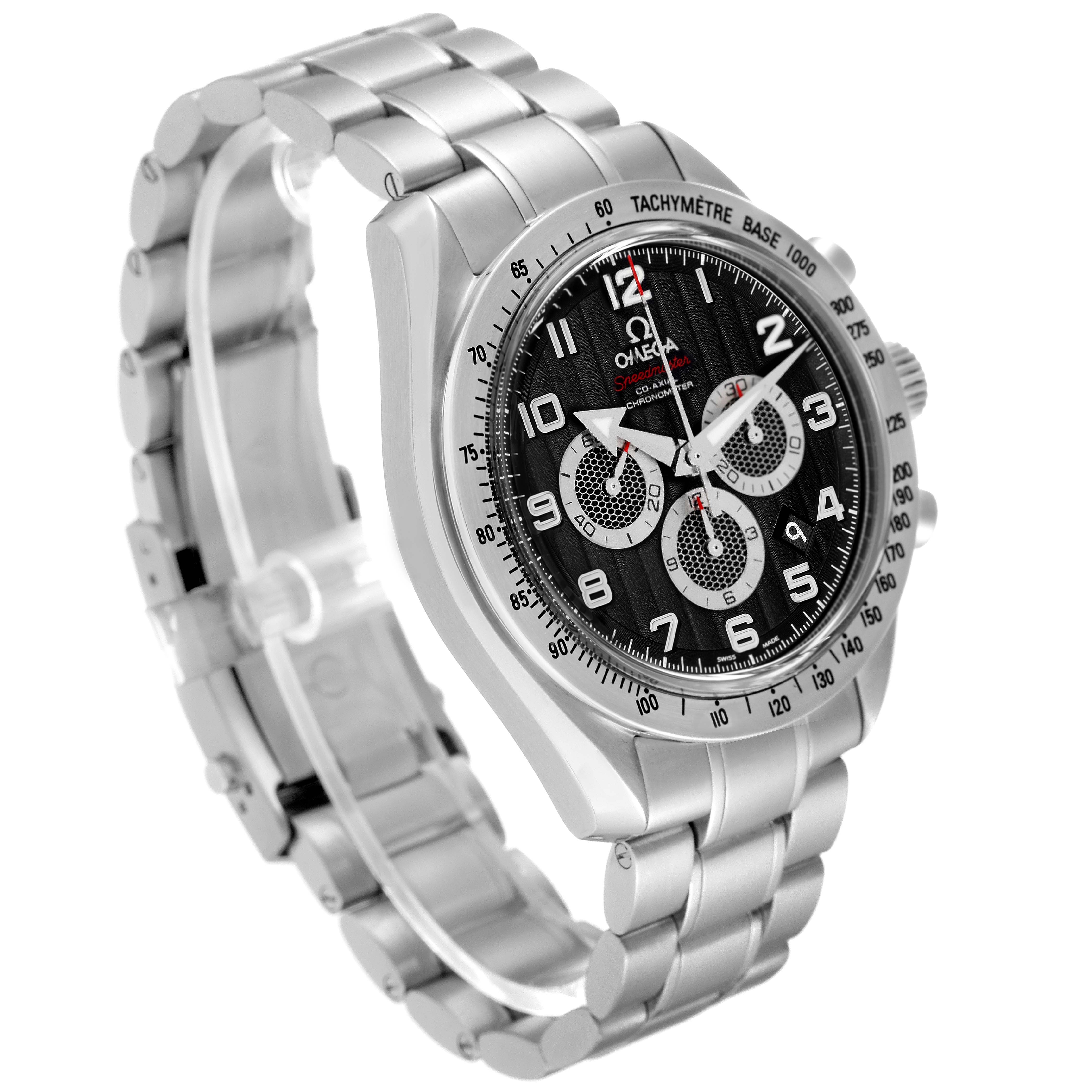 This is a right-side angle view of the Omega Speedmaster 321.10.44.50.01.001 Men
s Stainless Steel Black Dial 321.10.44.50.01.001 Men
s Stainless Steel Black Dial watch, showcasing the dial, bracelet, bezel, and tachymeter scale.
