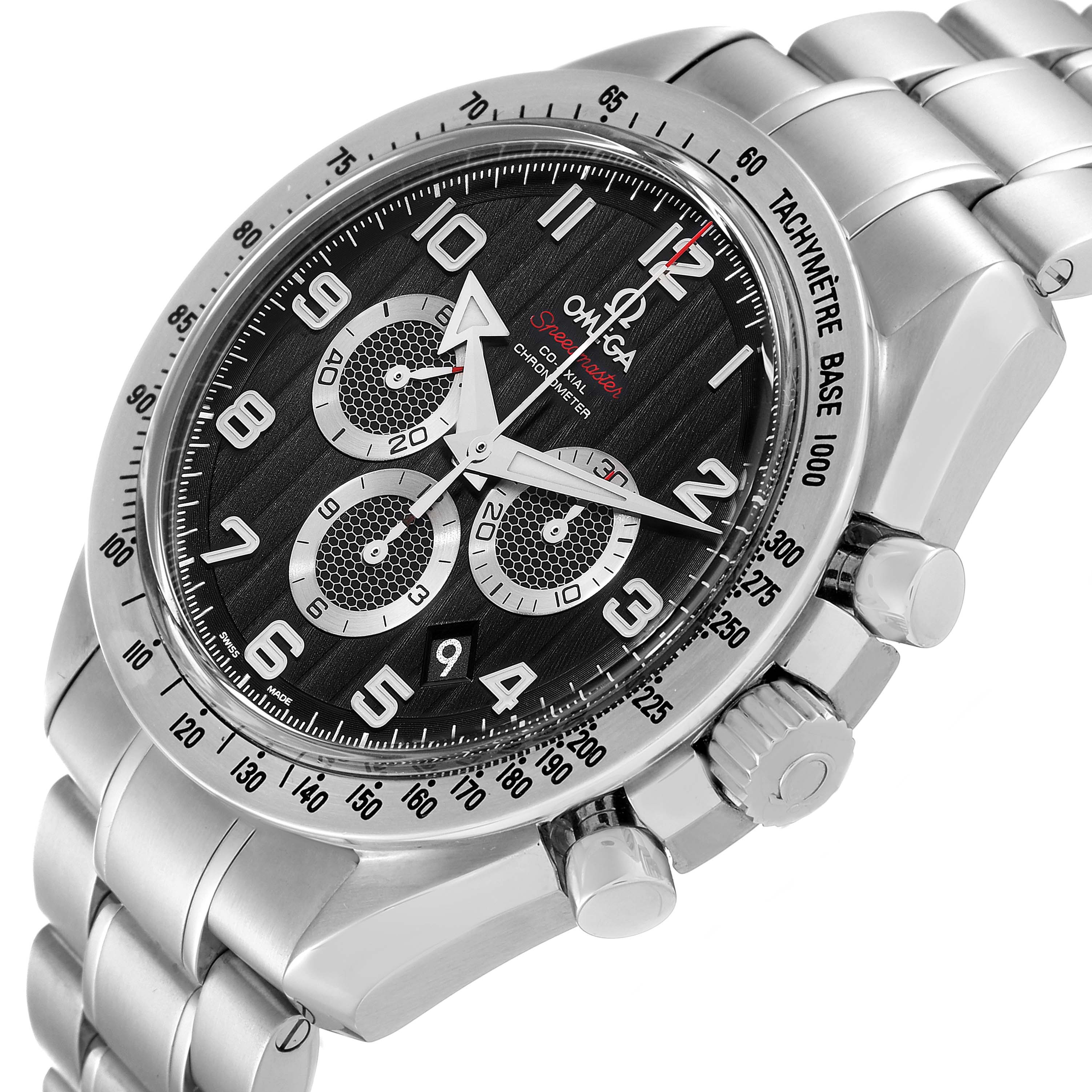 The image shows an Omega Speedmaster 321.10.44.50.01.001 Men
s Stainless Steel Black Dial 321.10.44.50.01.001 Men
s Stainless Steel Black Dial watch at an angled close-up, highlighting its dial, bezel, and part of the bracelet.