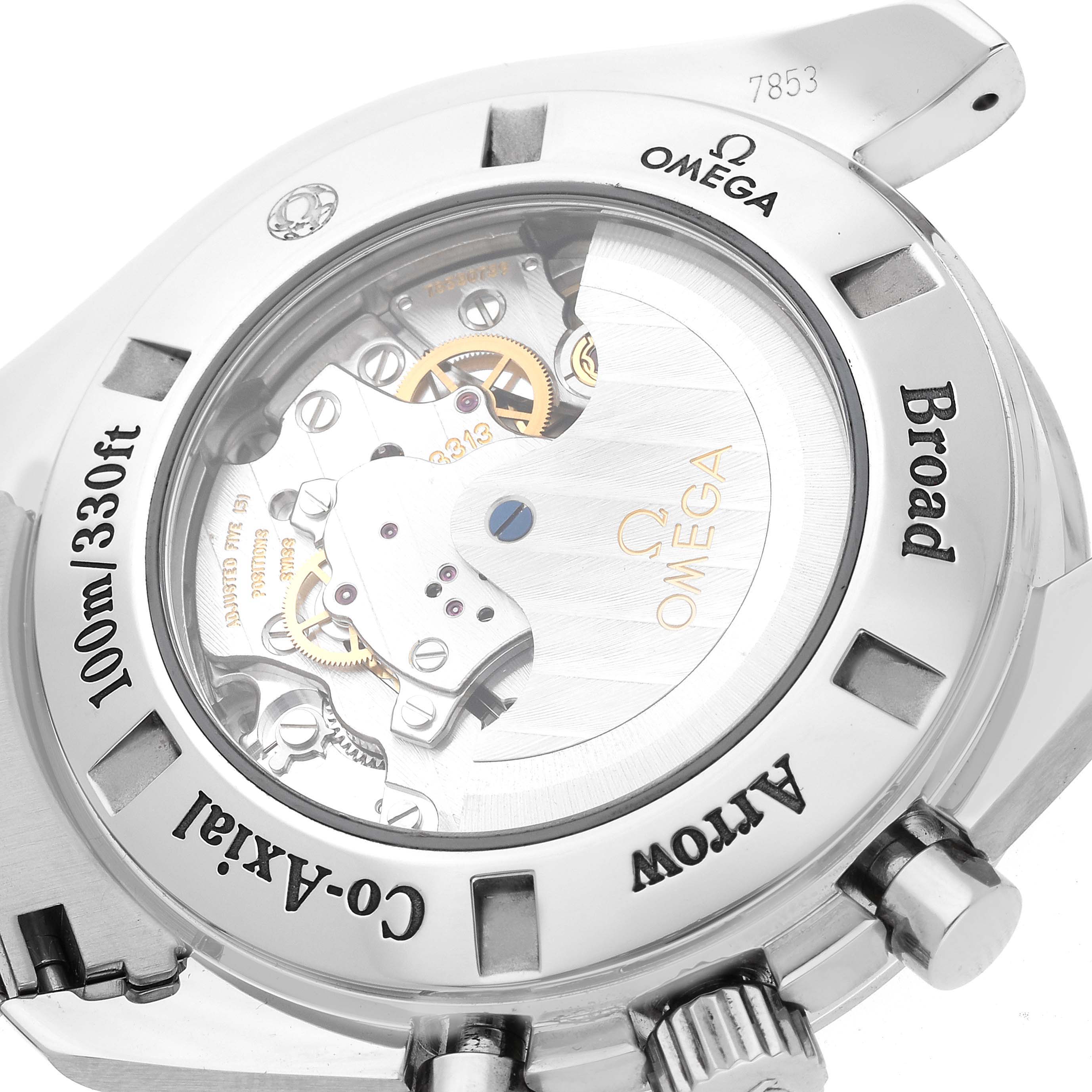 This image shows the case back of the Omega Speedmaster 321.10.44.50.01.001 Men
s Stainless Steel Black Dial 321.10.44.50.01.001 Men
s Stainless Steel Black Dial watch, detailing its inner mechanical movements and some etched specifications.