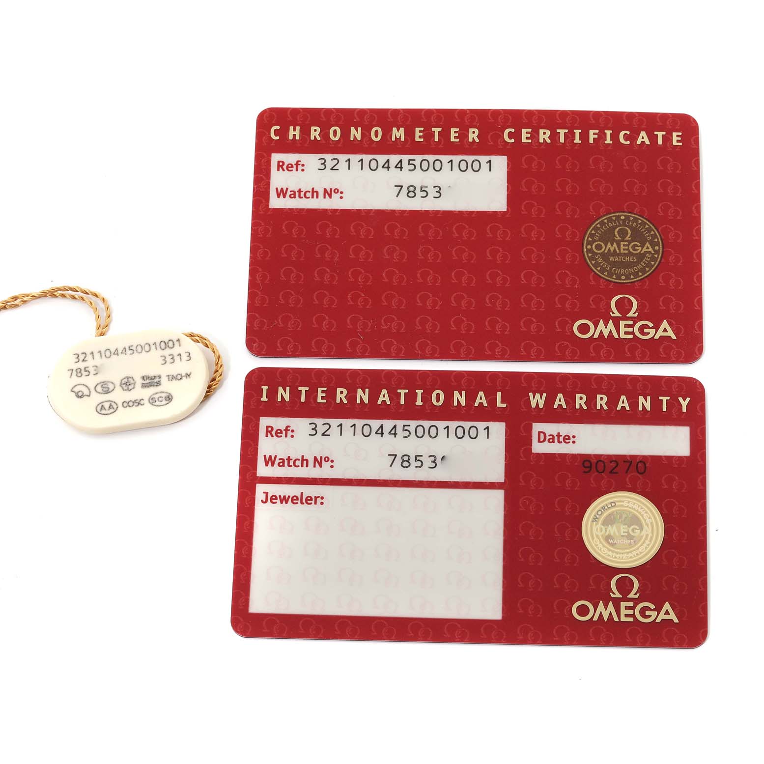 The image shows the Chronometer Certificate and International Warranty cards along with a tag for the Omega Speedmaster 321.10.44.50.01.001 Men
s Stainless Steel Black Dial 321.10.44.50.01.001 Men
s Stainless Steel Black Dial watch.