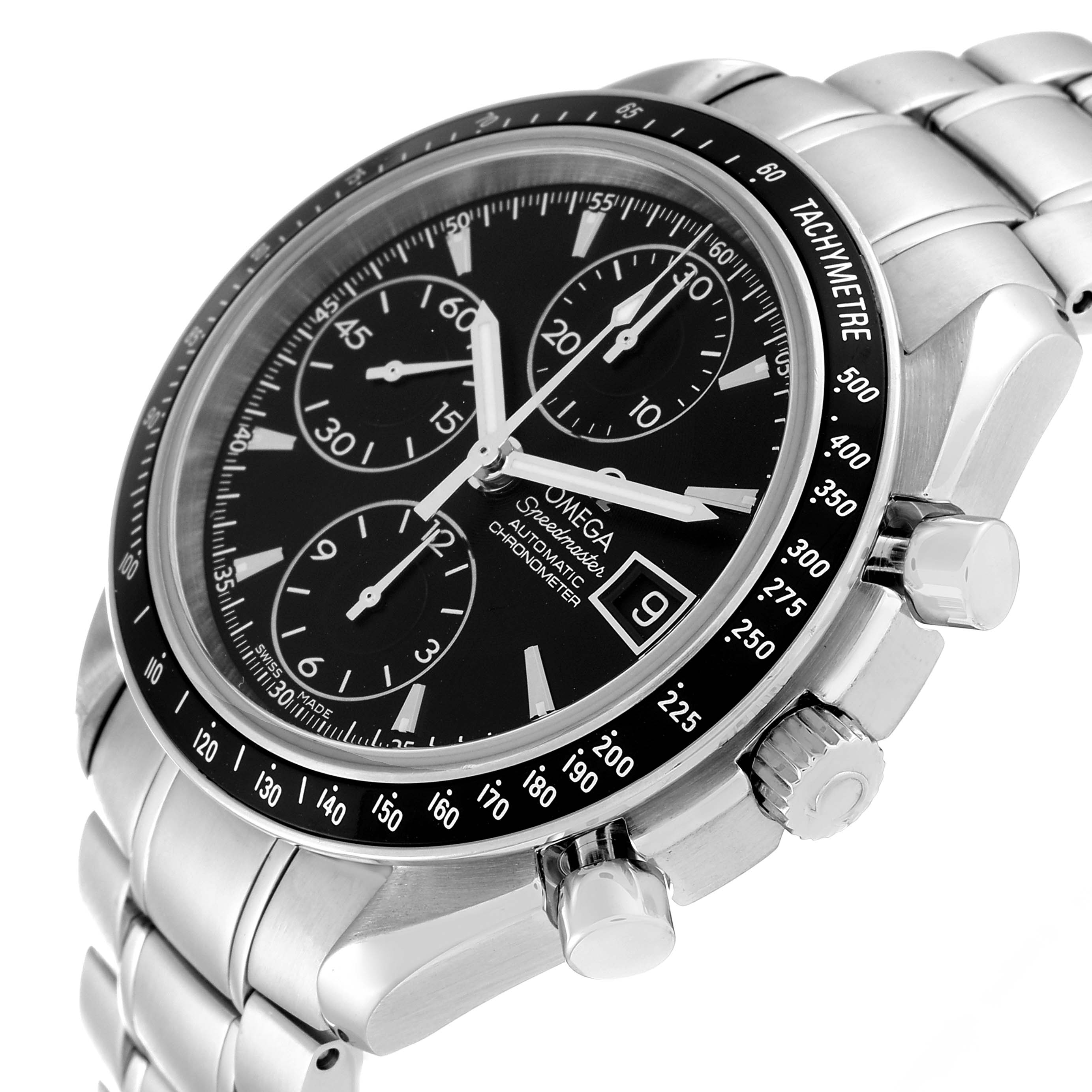 This image shows an angled, close-up view of the Omega Speedmaster 3210.50.00 Men
s Stainless Steel Black Dial 3210.50.00 Men
s Stainless Steel Black Dial watch face, bezel, crown, and chronograph pushers.
