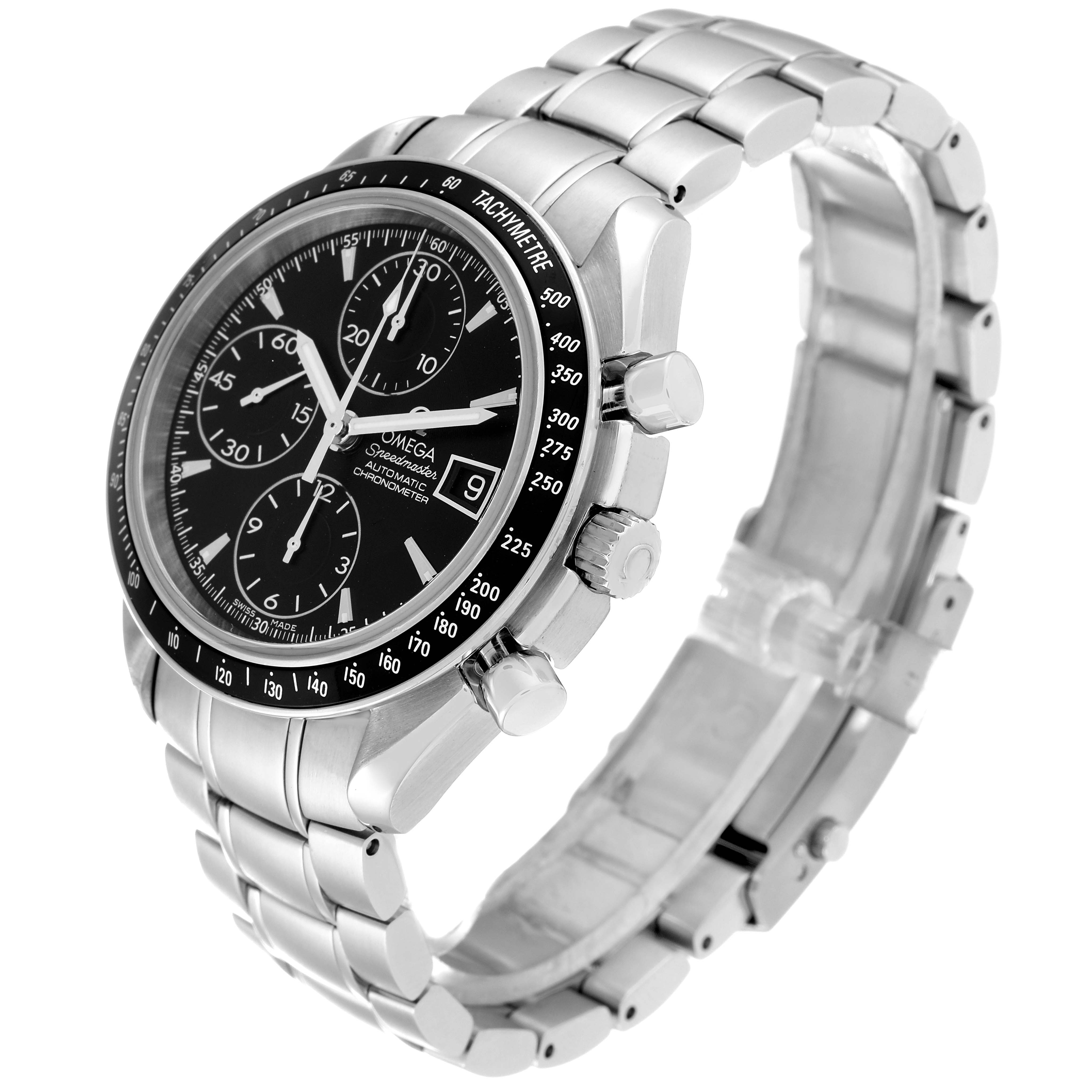 The Omega Speedmaster 3210.50.00 Men
s Stainless Steel Black Dial 3210.50.00 Men
s Stainless Steel Black Dial watch is shown at a three-quarter angle, highlighting the black dial, tachymeter bezel, and metal bracelet.