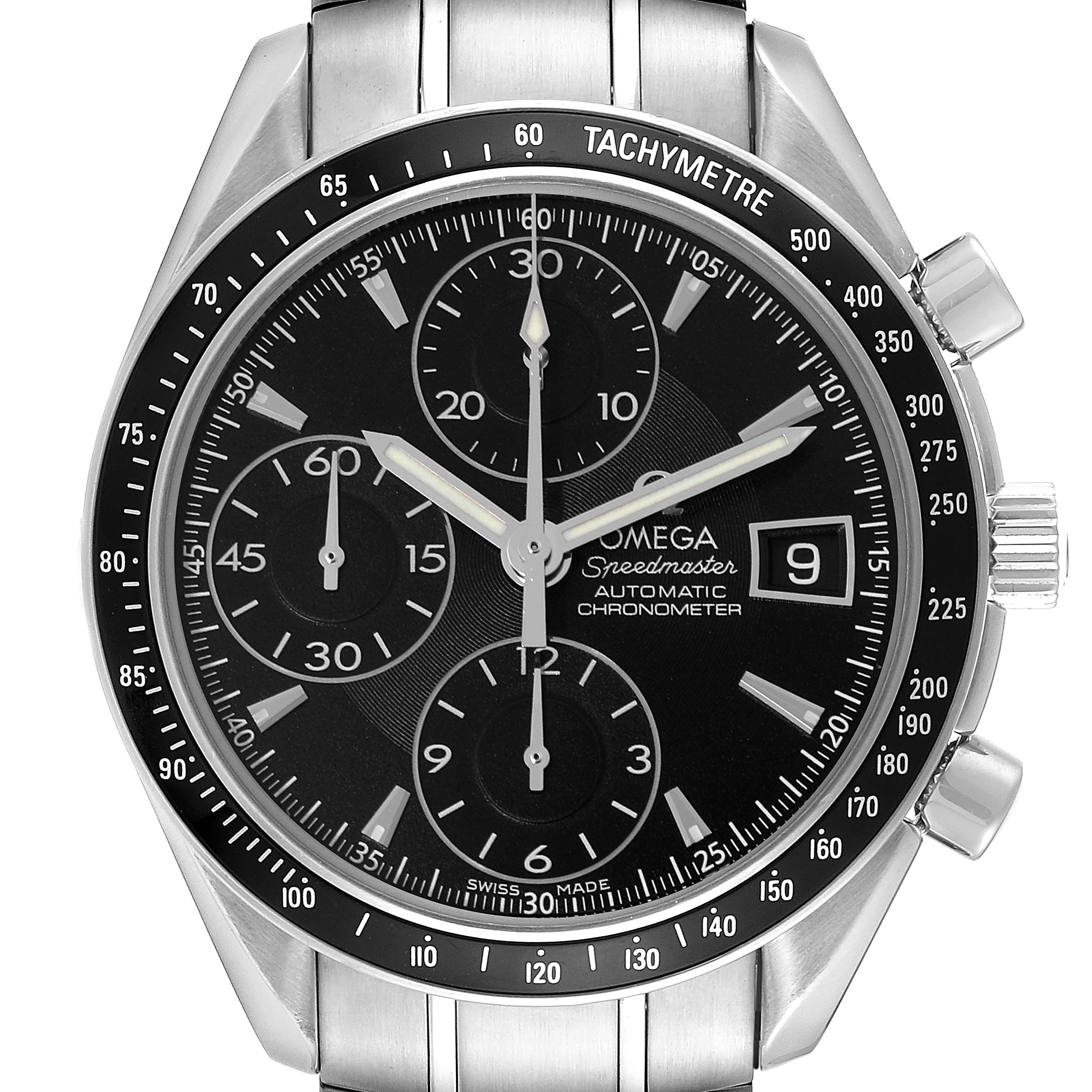 The image shows a frontal view of an Omega Speedmaster 3210.50.00 Men
s Stainless Steel Black Dial 3210.50.00 Men
s Stainless Steel Black Dial watch, highlighting its dial, tachymeter bezel, and chronograph sub-dials.