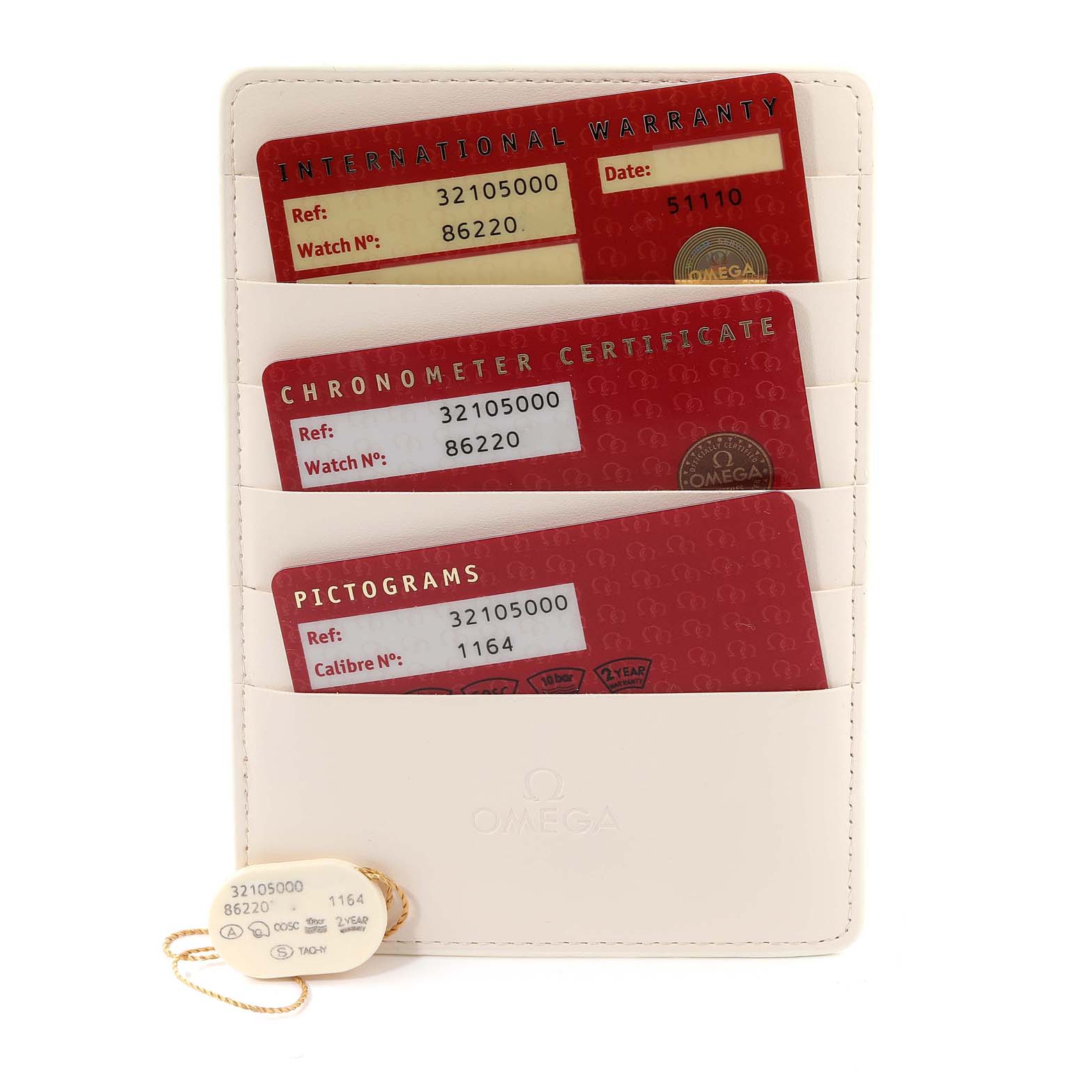 This image shows Omega Speedmaster 3210.50.00 Men
s Stainless Steel Black Dial 3210.50.00 Men
s Stainless Steel Black Dial model documentation, including International Warranty, Chronometer Certificate, and Pictograms cards.