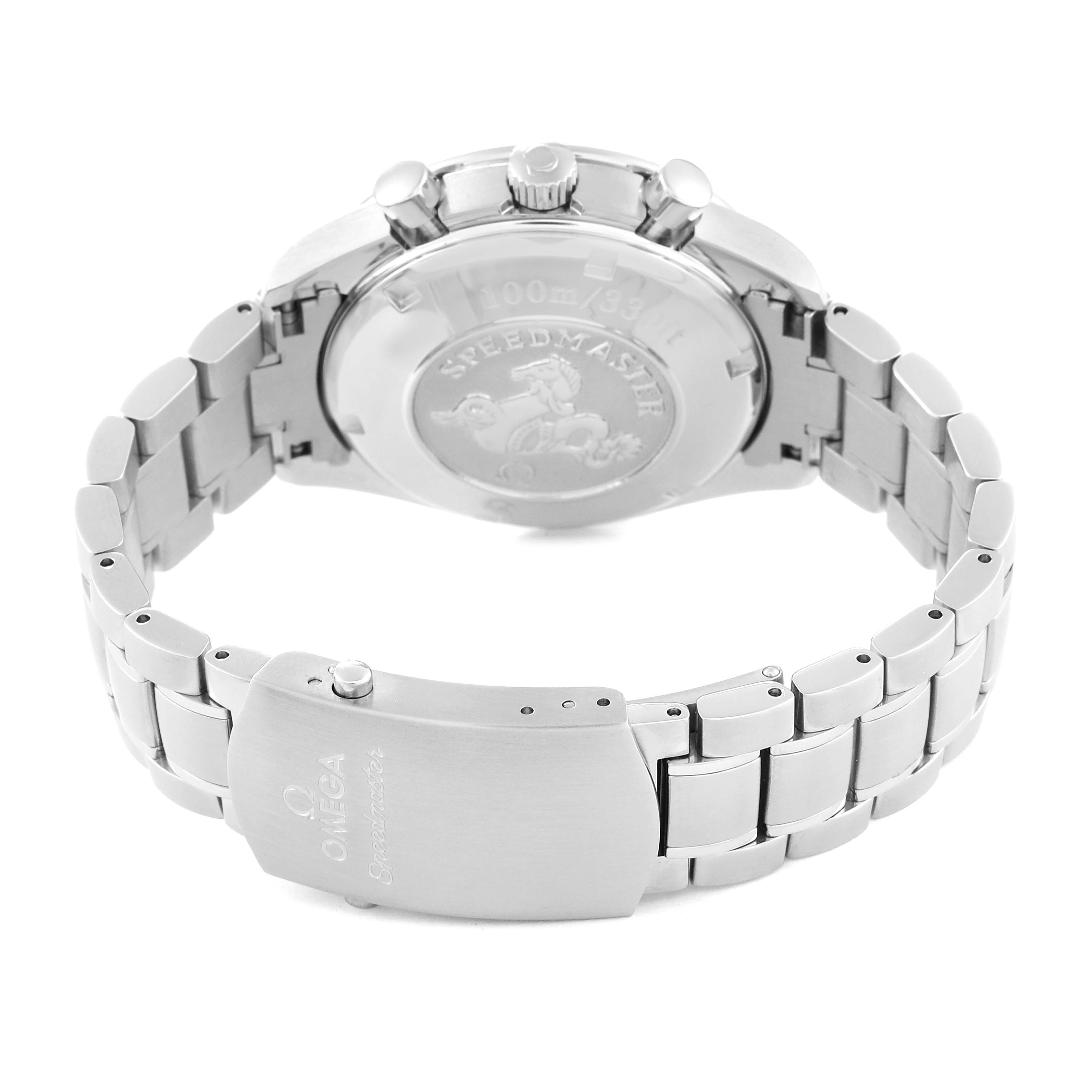 The image shows the back of the Omega Speedmaster 3210.50.00 Men
s Stainless Steel Black Dial 3210.50.00 Men
s Stainless Steel Black Dial watch, with a focus on its clasp, bracelet, and case back.