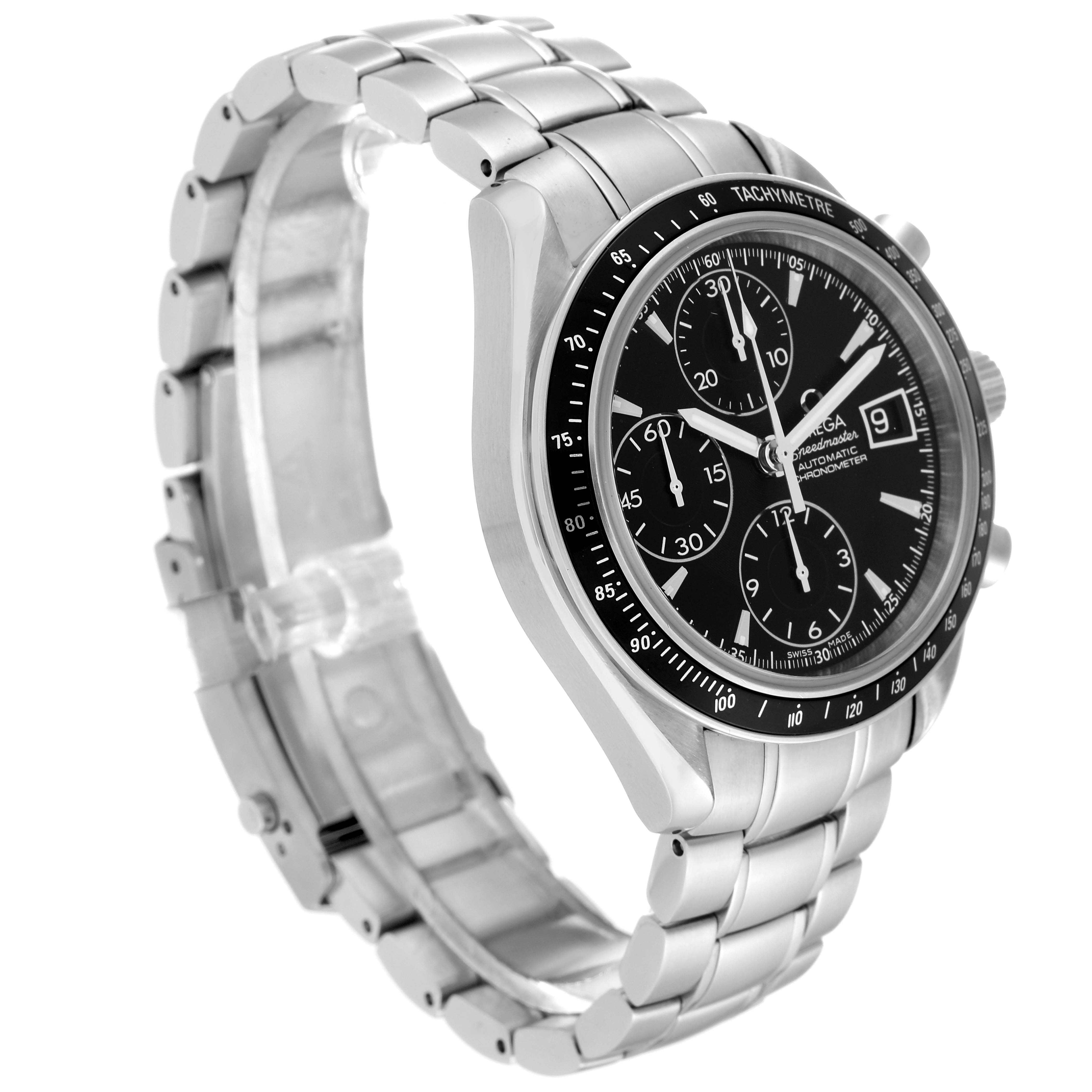 The image shows an Omega Speedmaster 3210.50.00 Men
s Stainless Steel Black Dial 3210.50.00 Men
s Stainless Steel Black Dial watch from a diagonal side angle, highlighting the face, bezel, and bracelet.