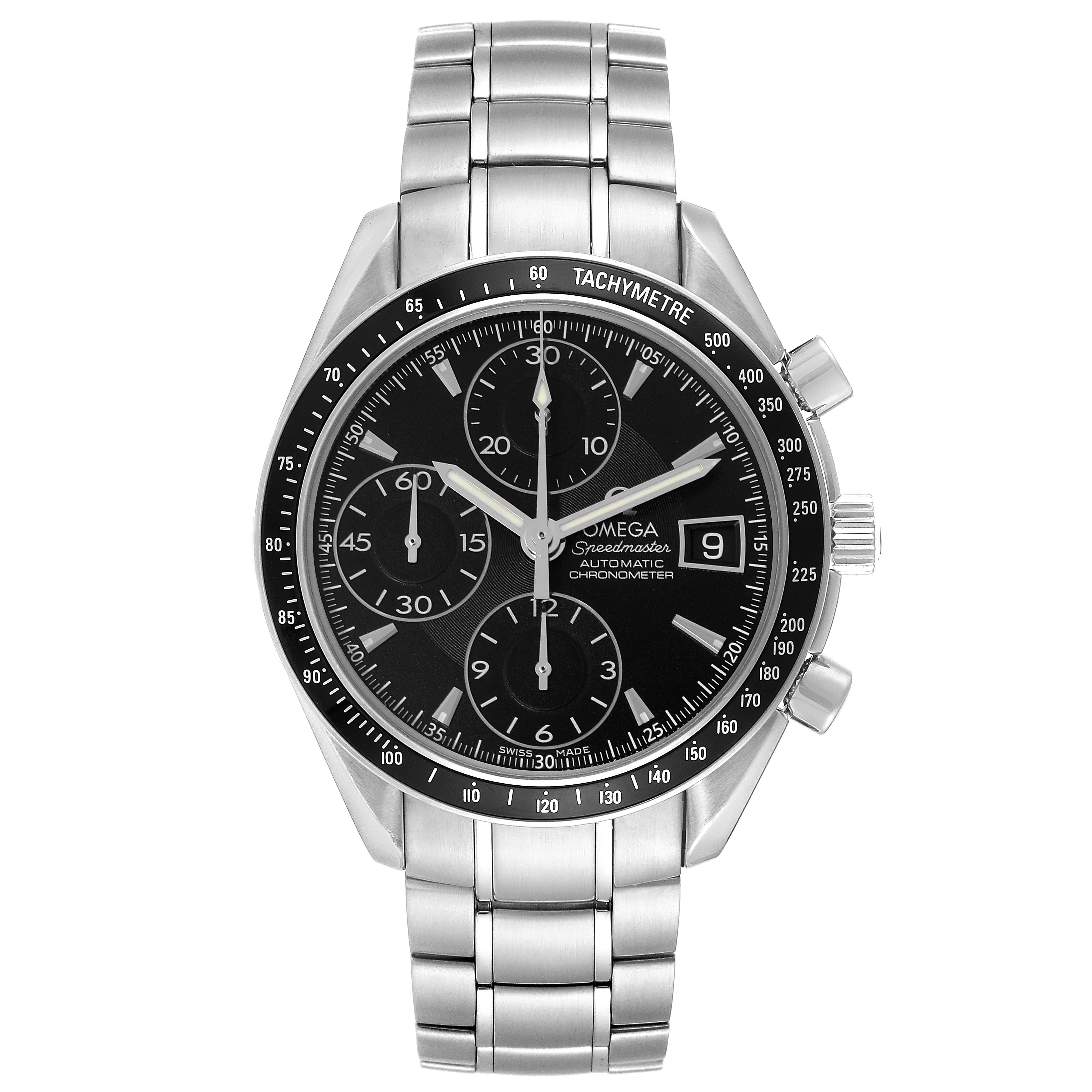 This image shows a front view of an Omega Speedmaster 3210.50.00 Men
s Stainless Steel Black Dial 3210.50.00 Men
s Stainless Steel Black Dial watch, displaying the dial, chronograph subdials, date window, and tachymeter bezel.