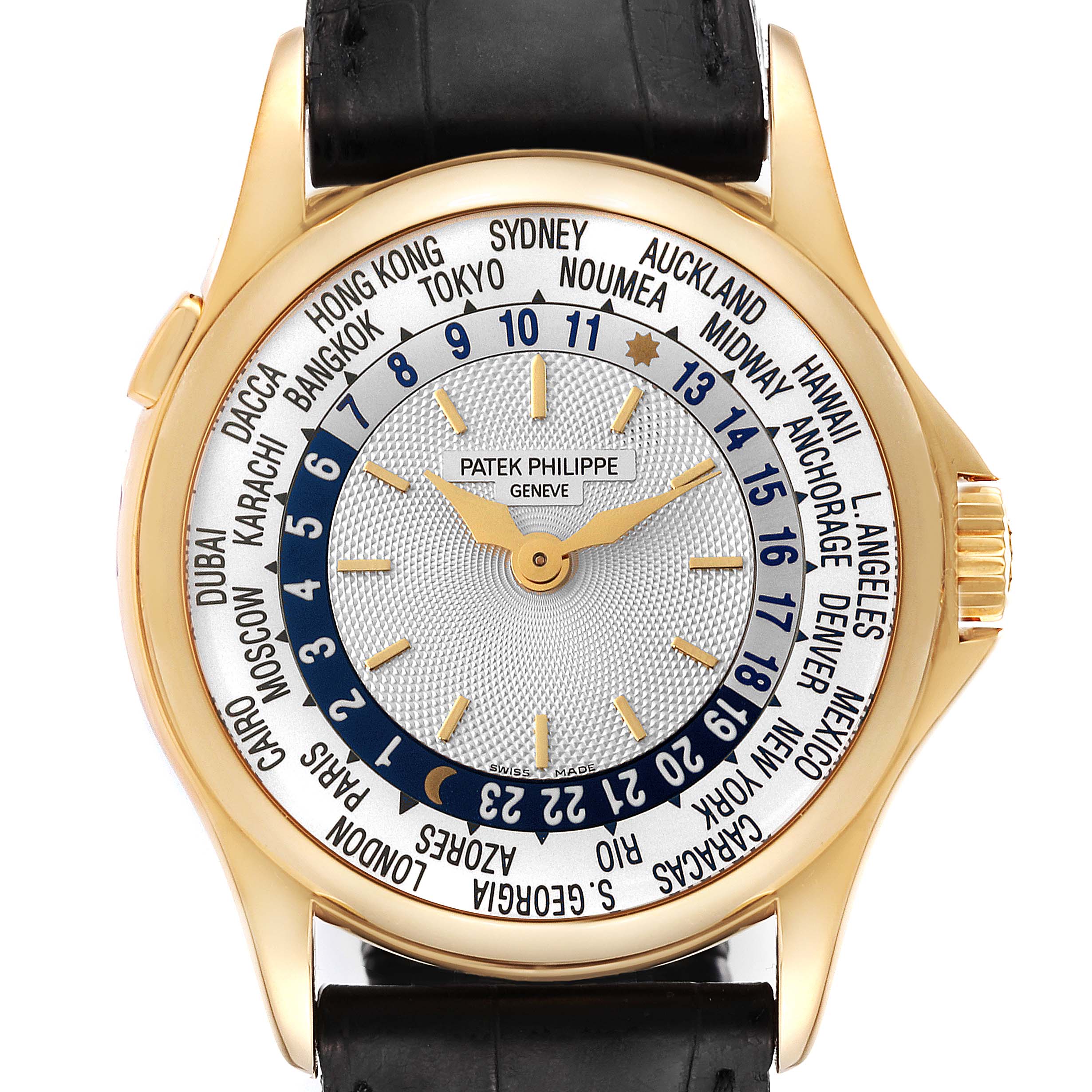 This image shows a front view of the Patek Philippe Complications 5110J-001 Men's Yellow Gold Silver Dial 5110J-001 Men's Yellow Gold Silver Dial watch, highlighting its world time function and 24-hour dial.